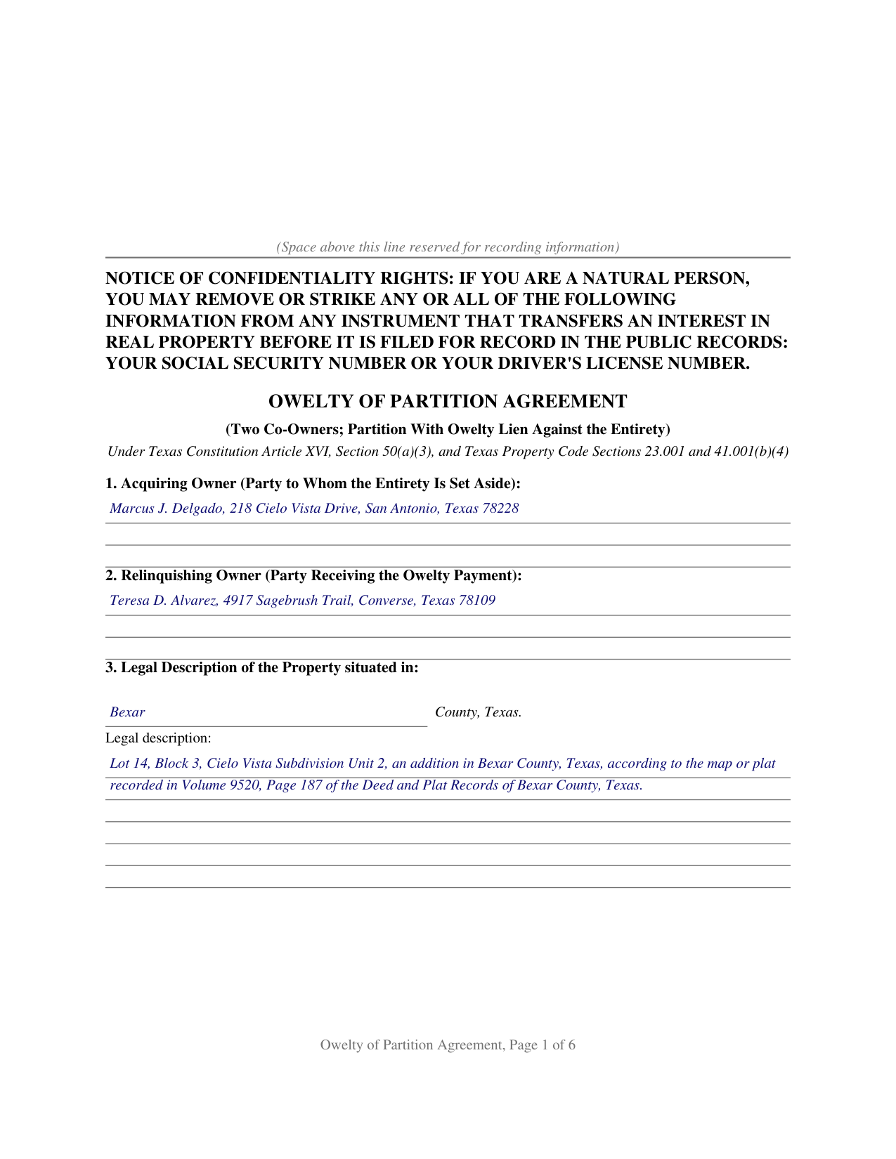 Fayette County Completed Example of the Owelty of Partition Agreement Document