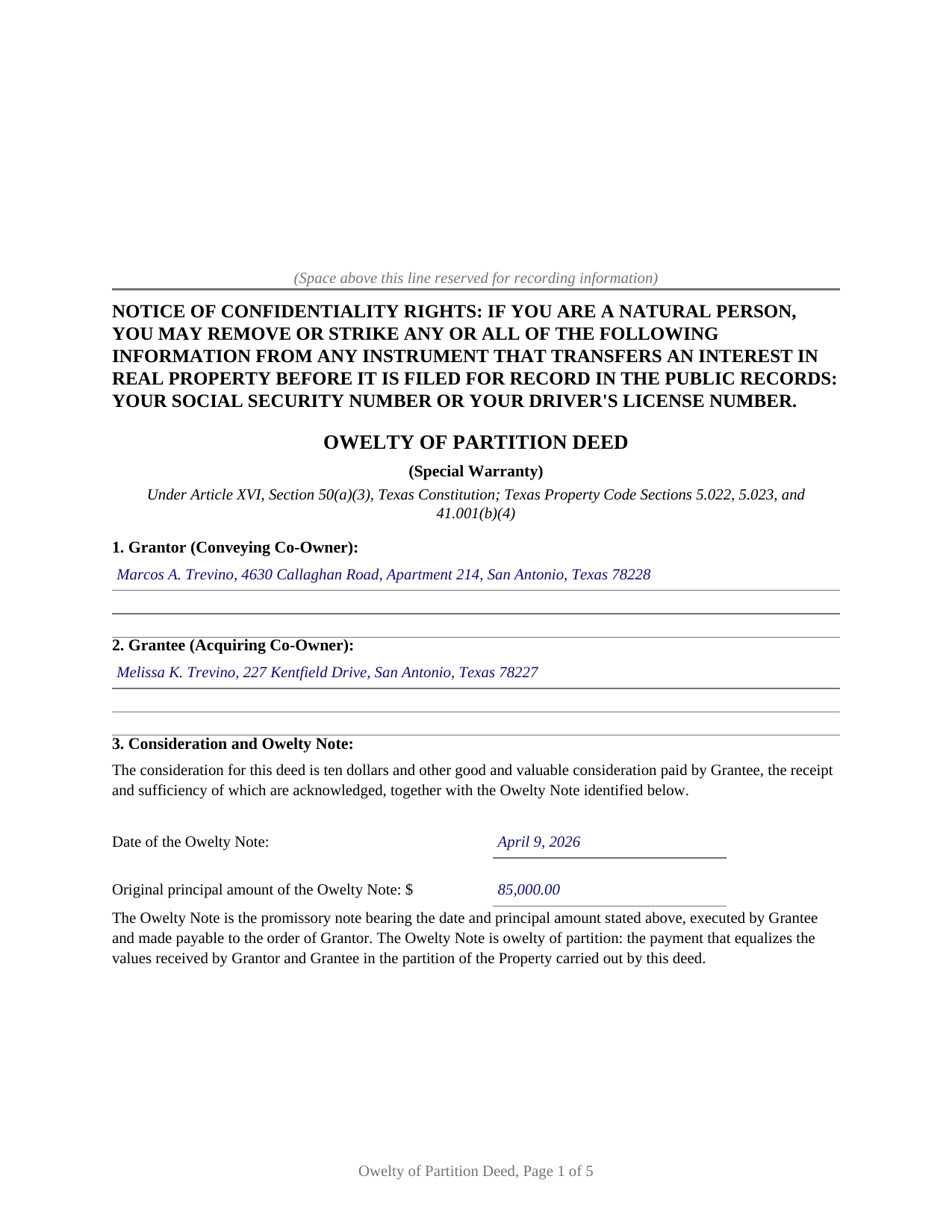 Delta County Completed Example of the Owelty of Partition Deed Document