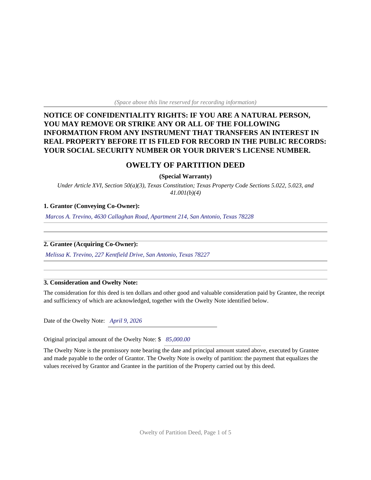 Fayette County Completed Example of the Owelty of Partition Deed Document