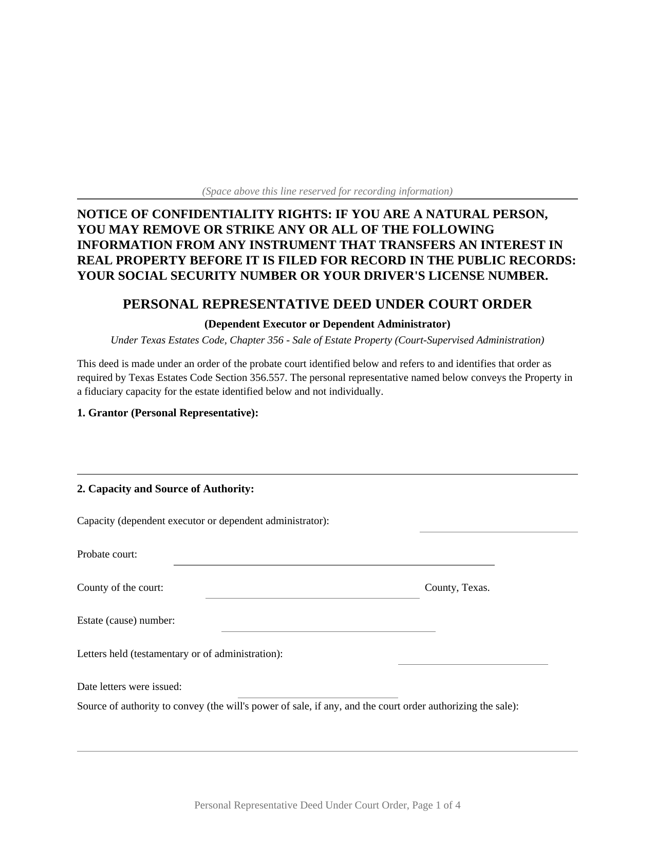 Sterling County Personal Representative Deed Under Court Order Form