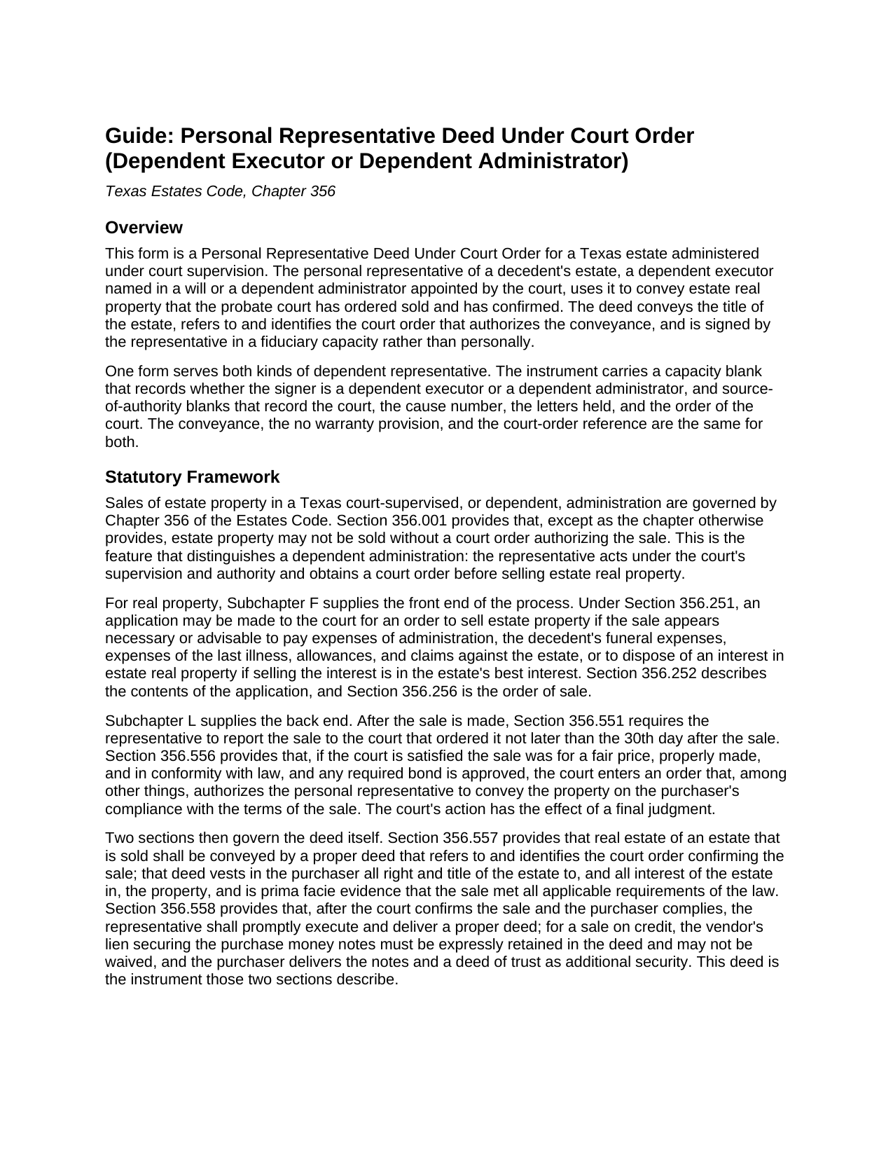 Sterling County Personal Representative Deed Under Court Order Guide
