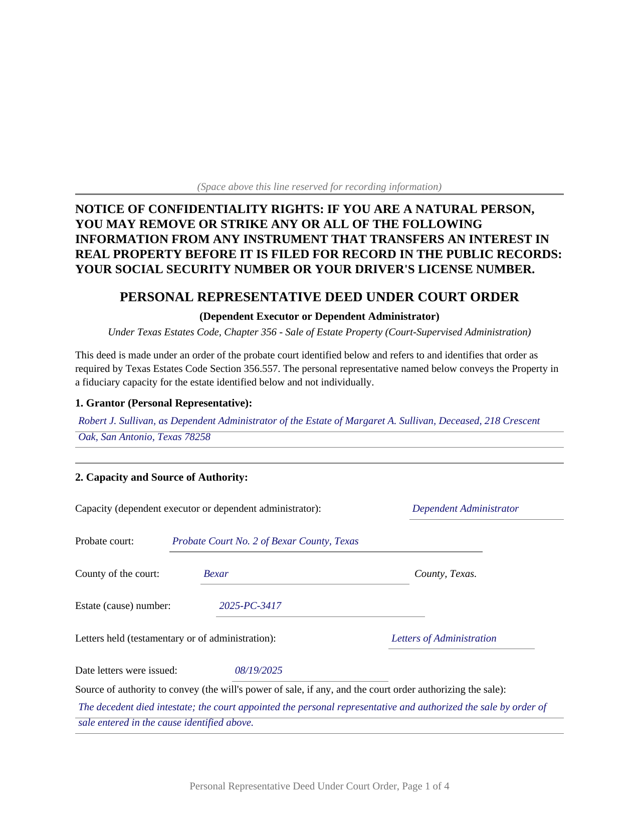 Sterling County Completed Example of the Personal Representative Deed Under Court Order Document