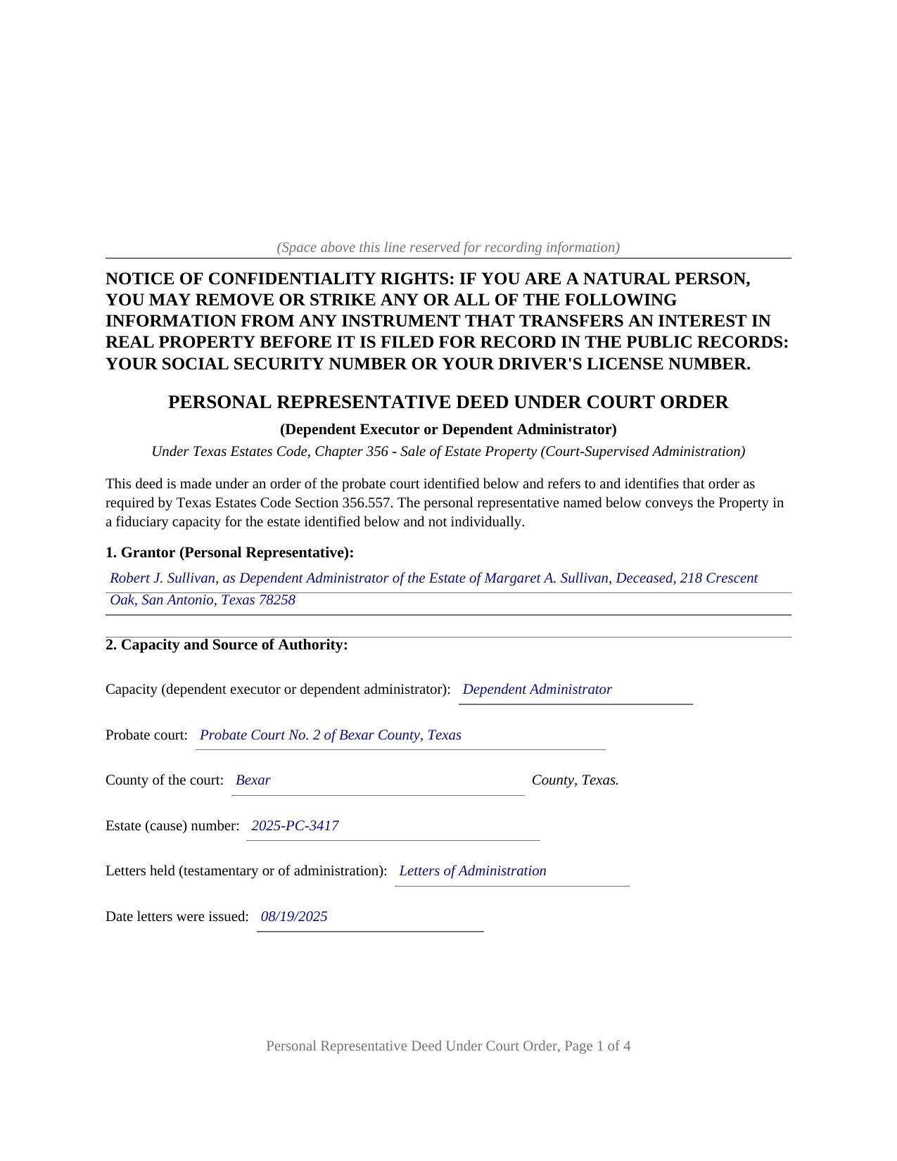 Crane County Completed Example of the Personal Representative Deed Under Court Order Document