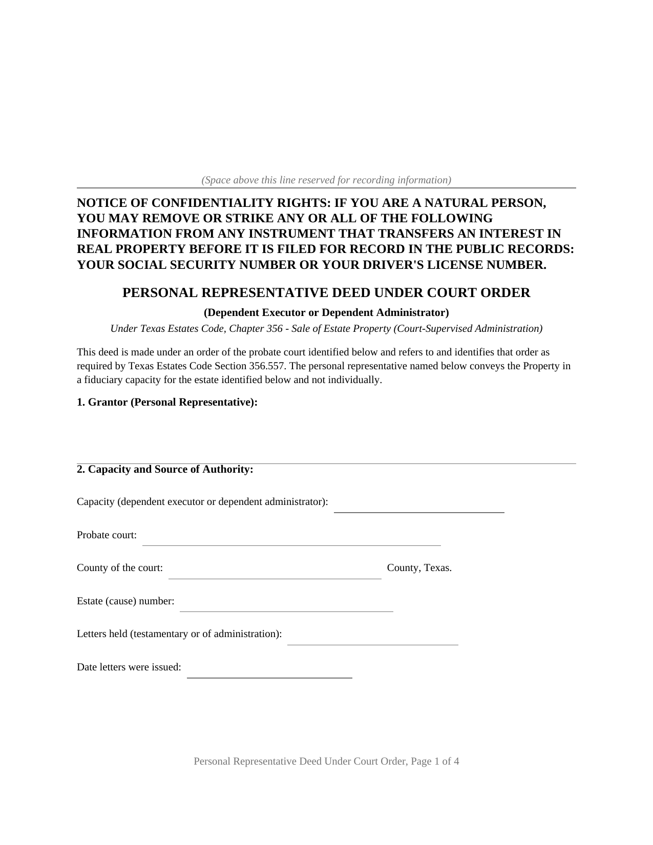 Crane County Personal Representative Deed Under Court Order Form