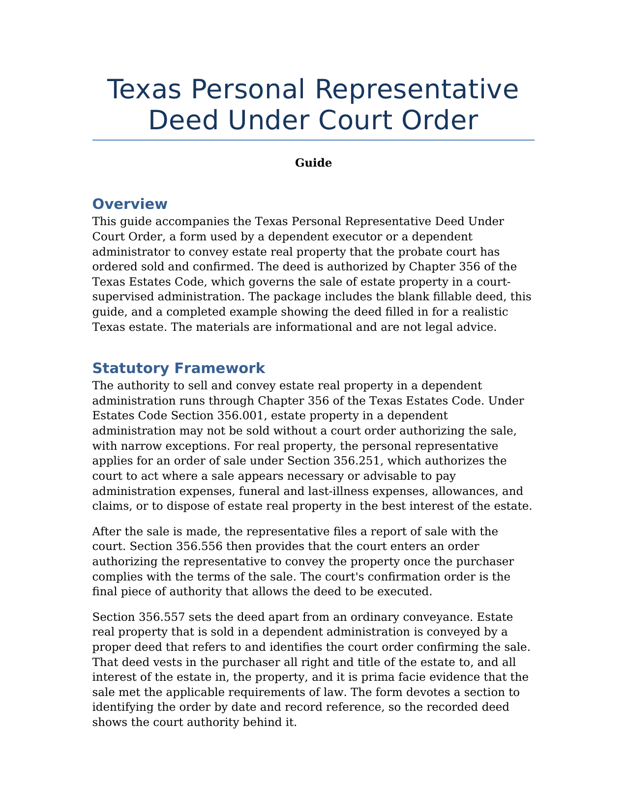 Crane County Personal Representative Deed Under Court Order Guide