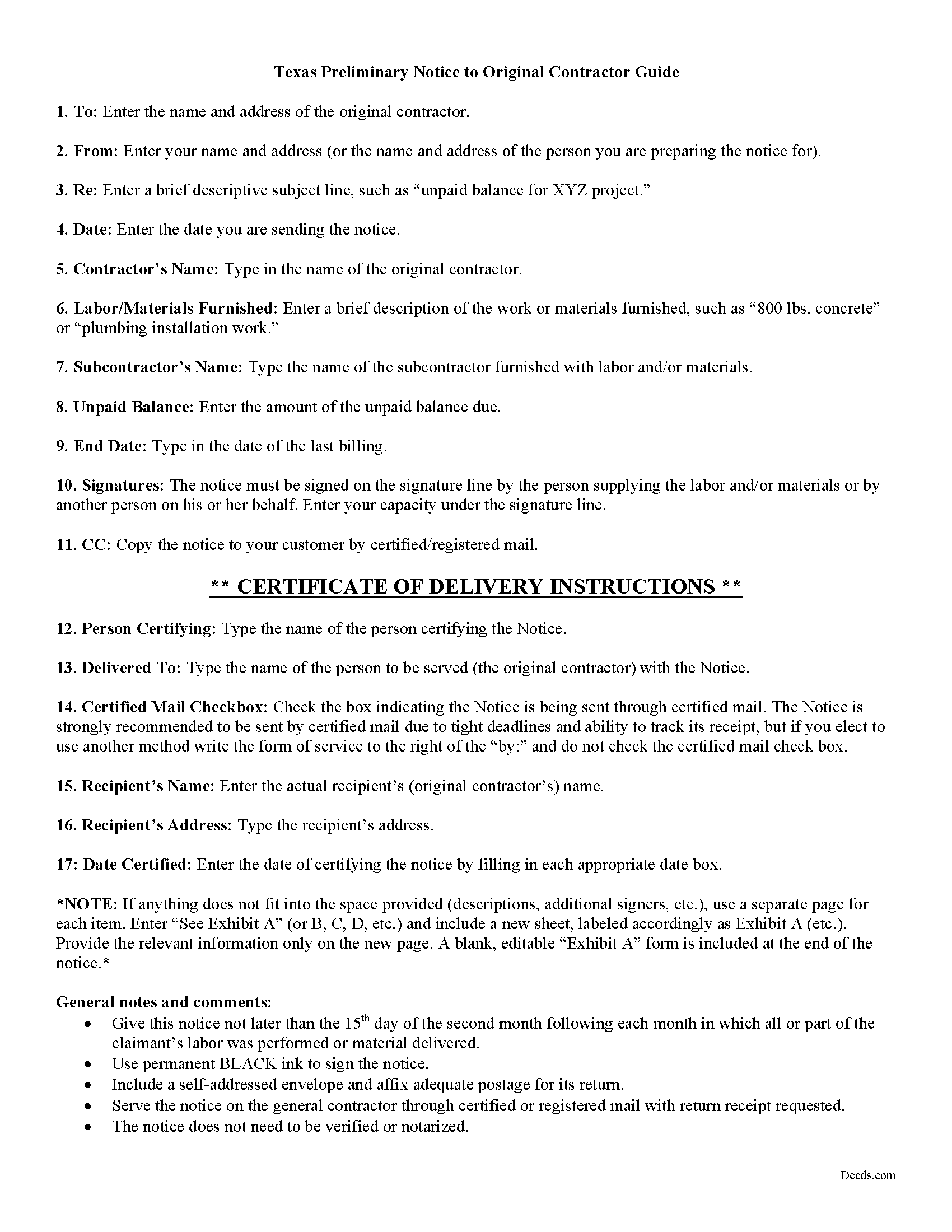 Mclennan County Preliminary Notice to Original Contractor Guide
