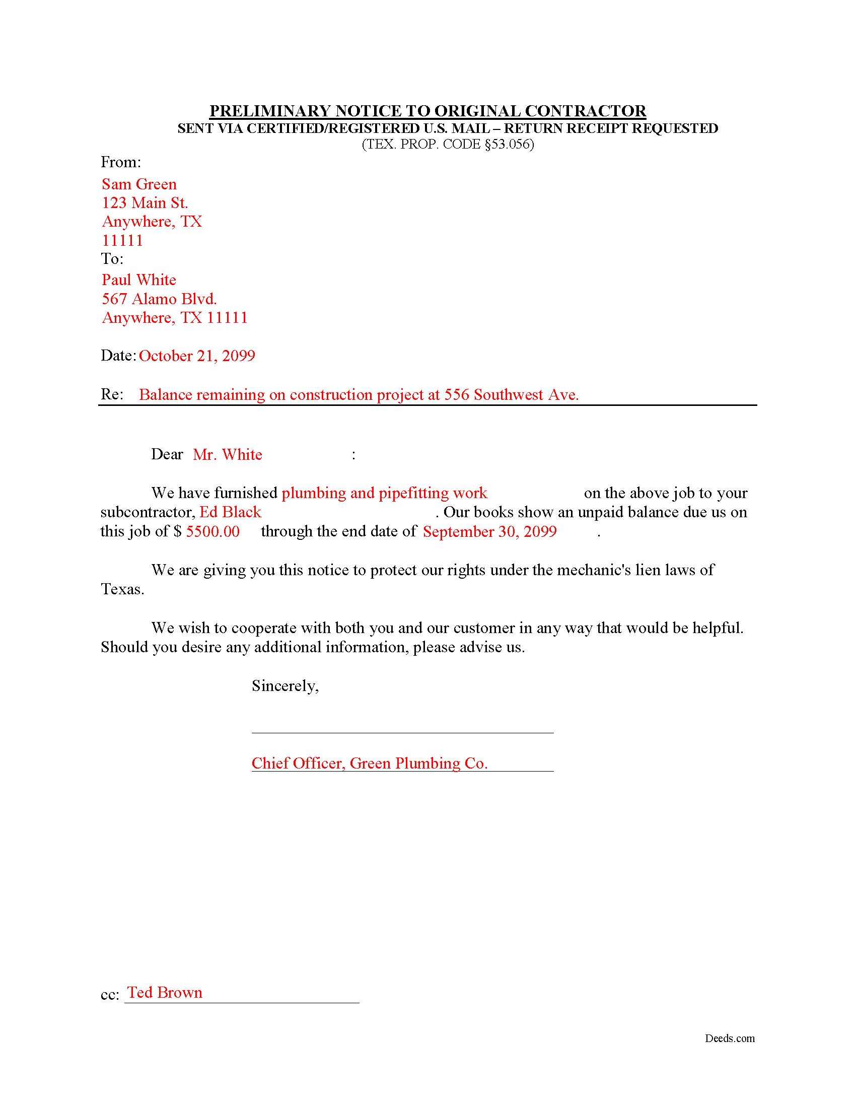 Completed Example of the Notice to Original Contractor Document