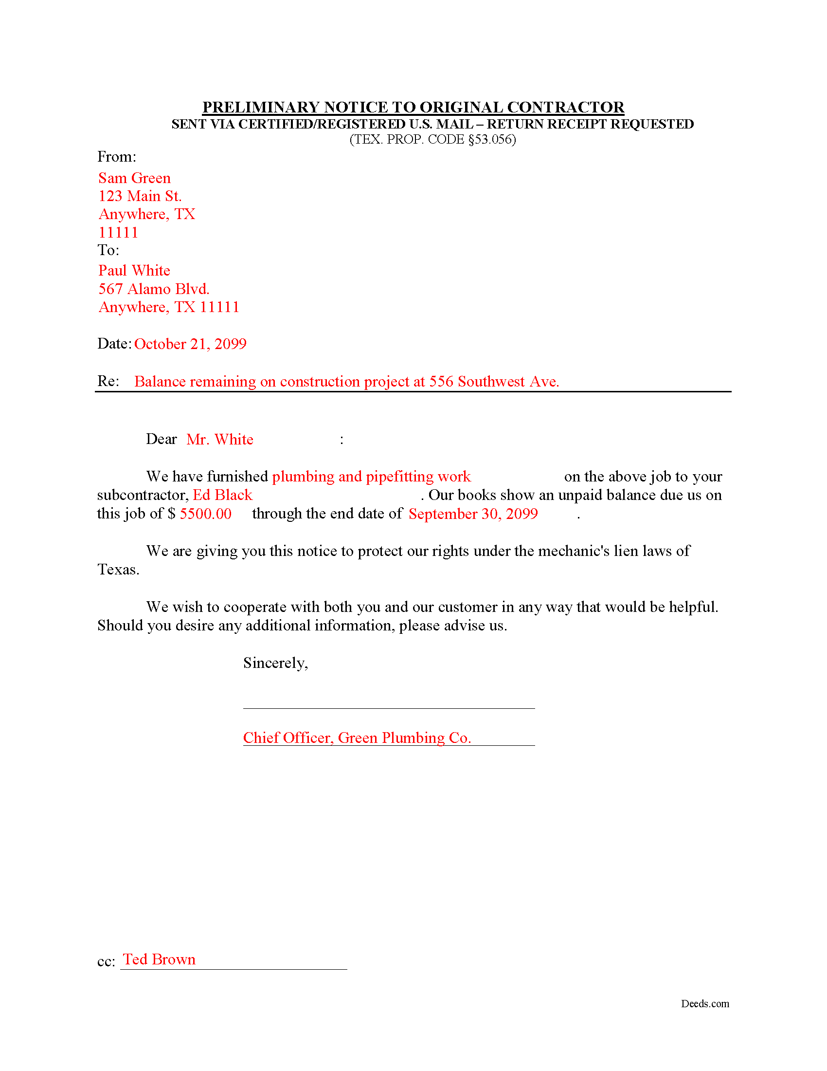 Mclennan County Completed Example of the Notice to Original Contractor Document