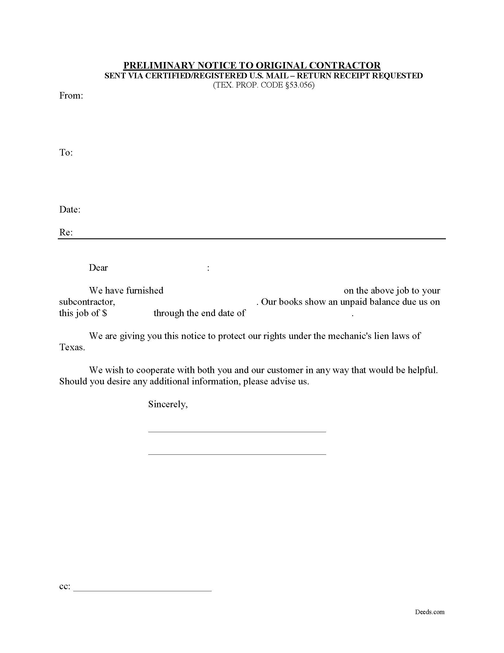 Mclennan County Preliminary Notice to Original Contractor Form