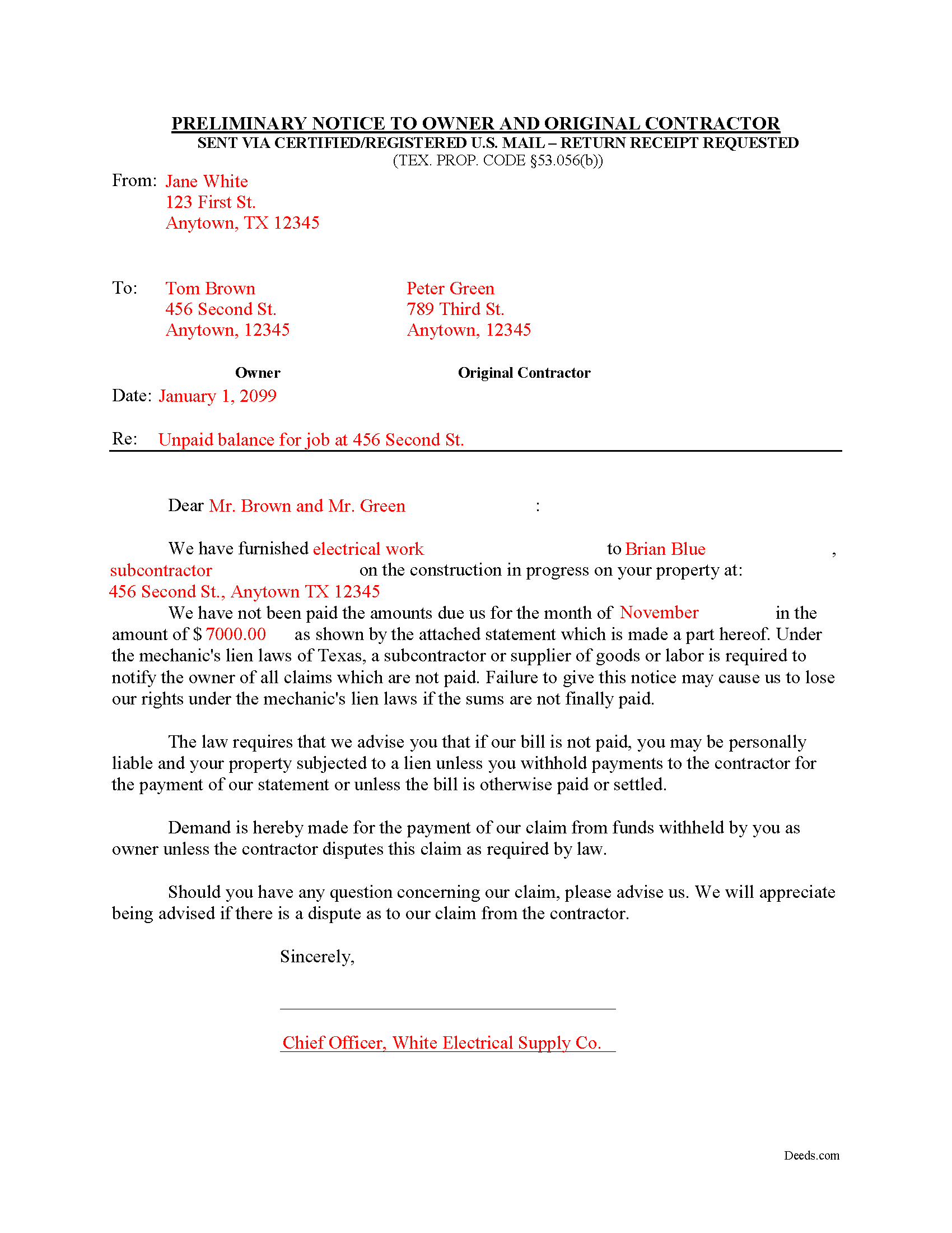 Completed Example of the Preliminary Notice to Owner and Original Contractor Document