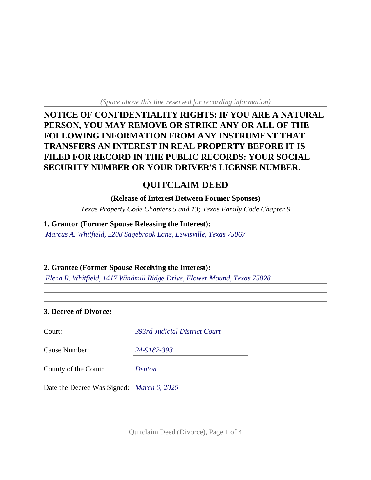 Clay County Completed Example of the Quitclaim Deed (Divorce) Document