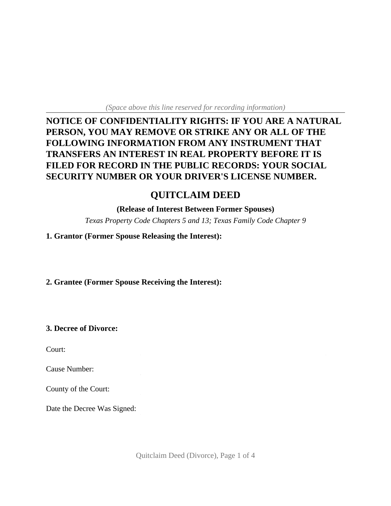 Clay County Quitclaim Deed (Divorce) Form