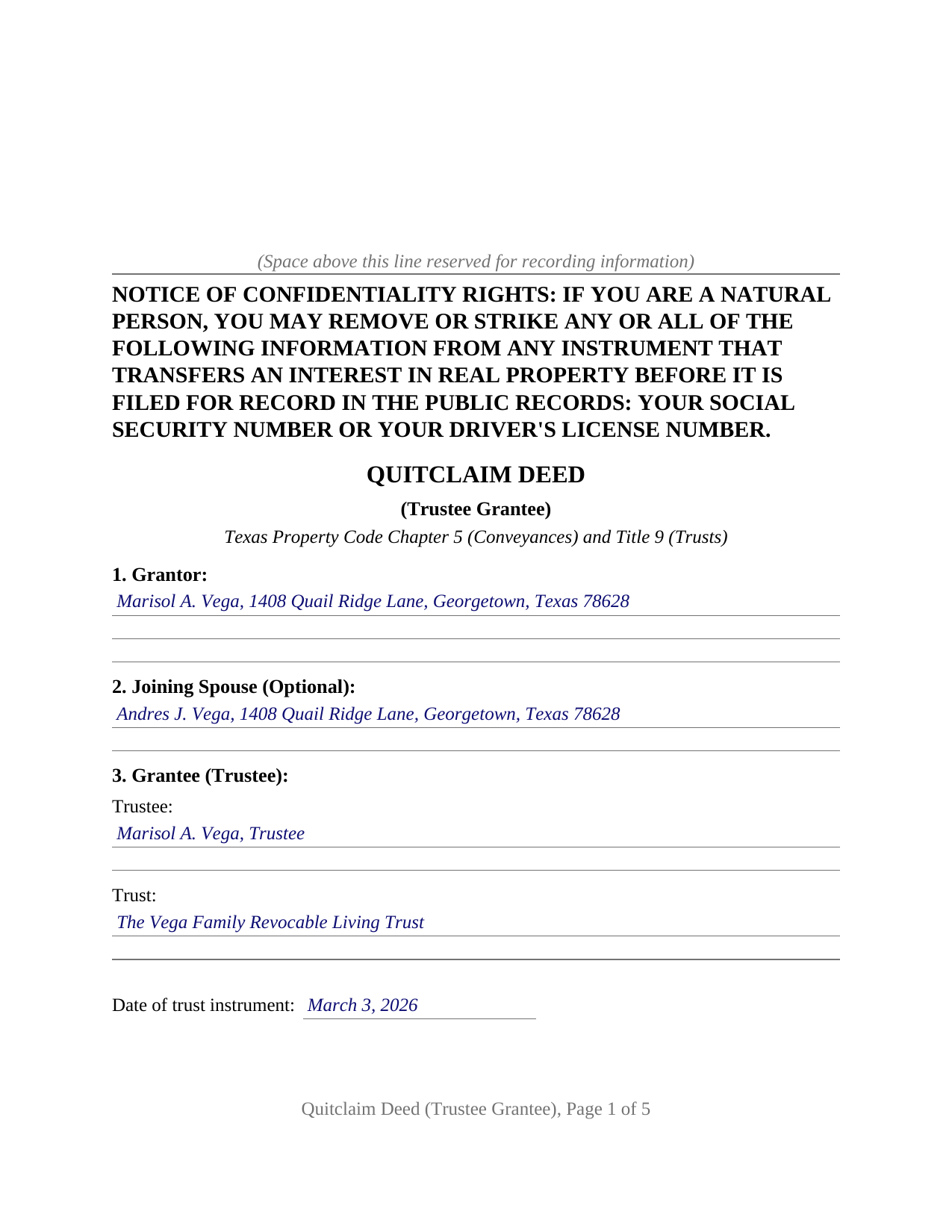 Somervell County Completed Example of the Quitclaim Deed (Trustee Grantee) Document