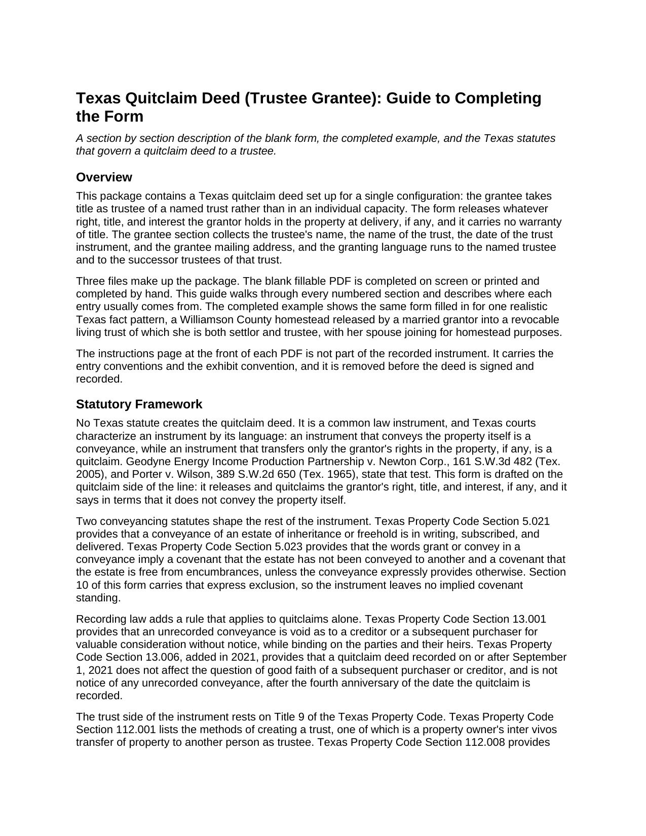 Somervell County Quitclaim Deed (Trustee Grantee) Guide