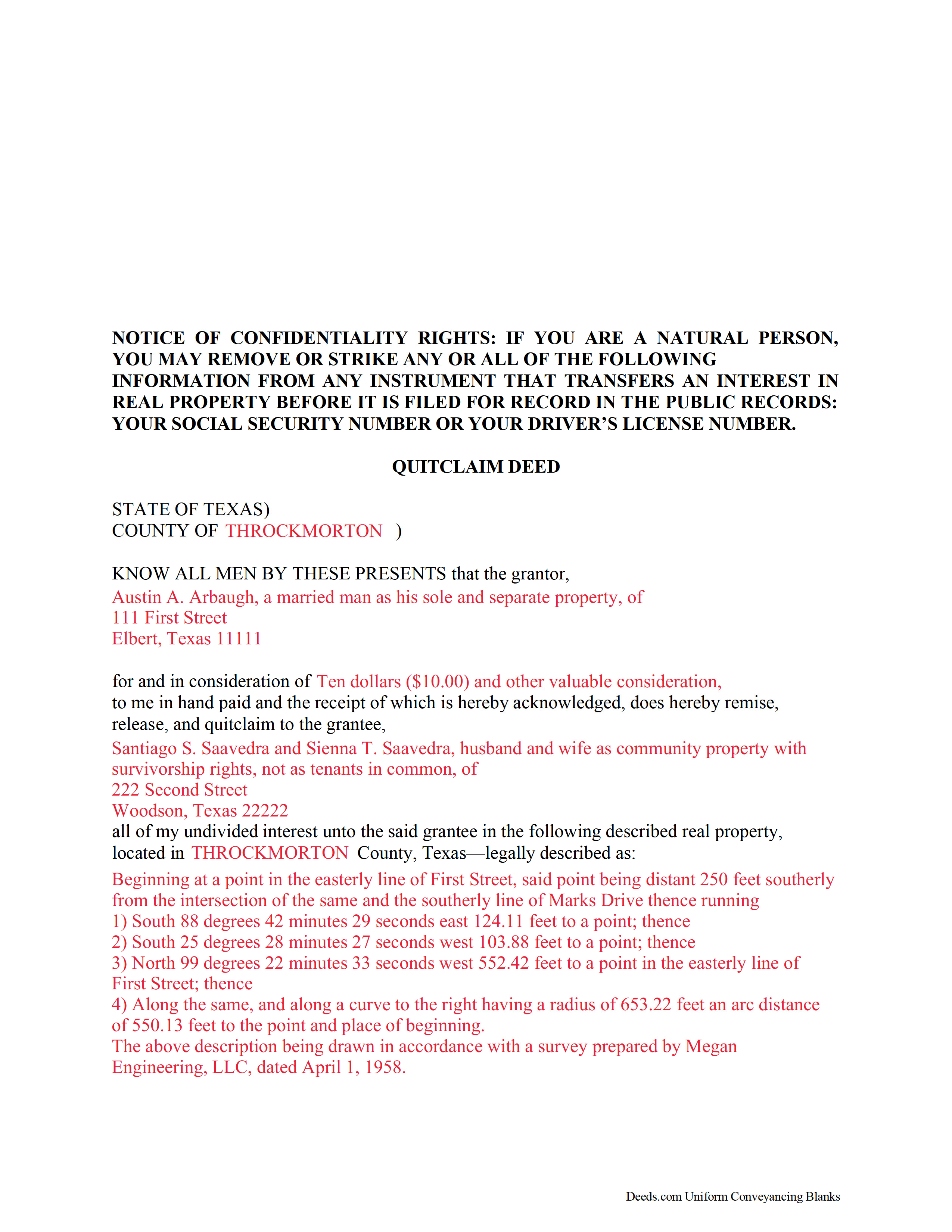 Freestone County Completed Example of the Quitclaim Deed Document