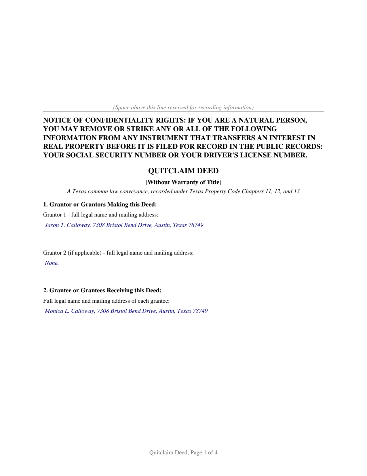 Coke County Completed Example of the Quitclaim Deed Document