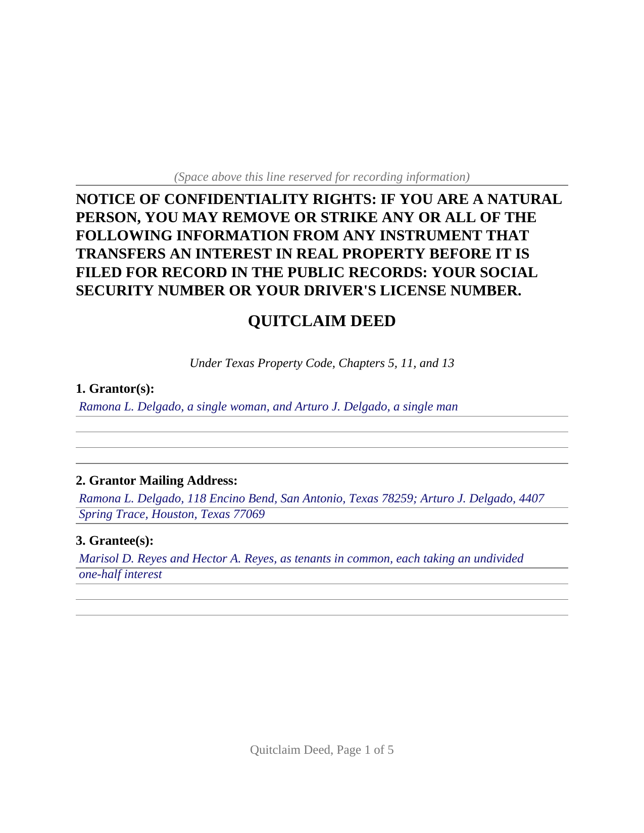 Mills County Completed Example of the Quitclaim Deed Document