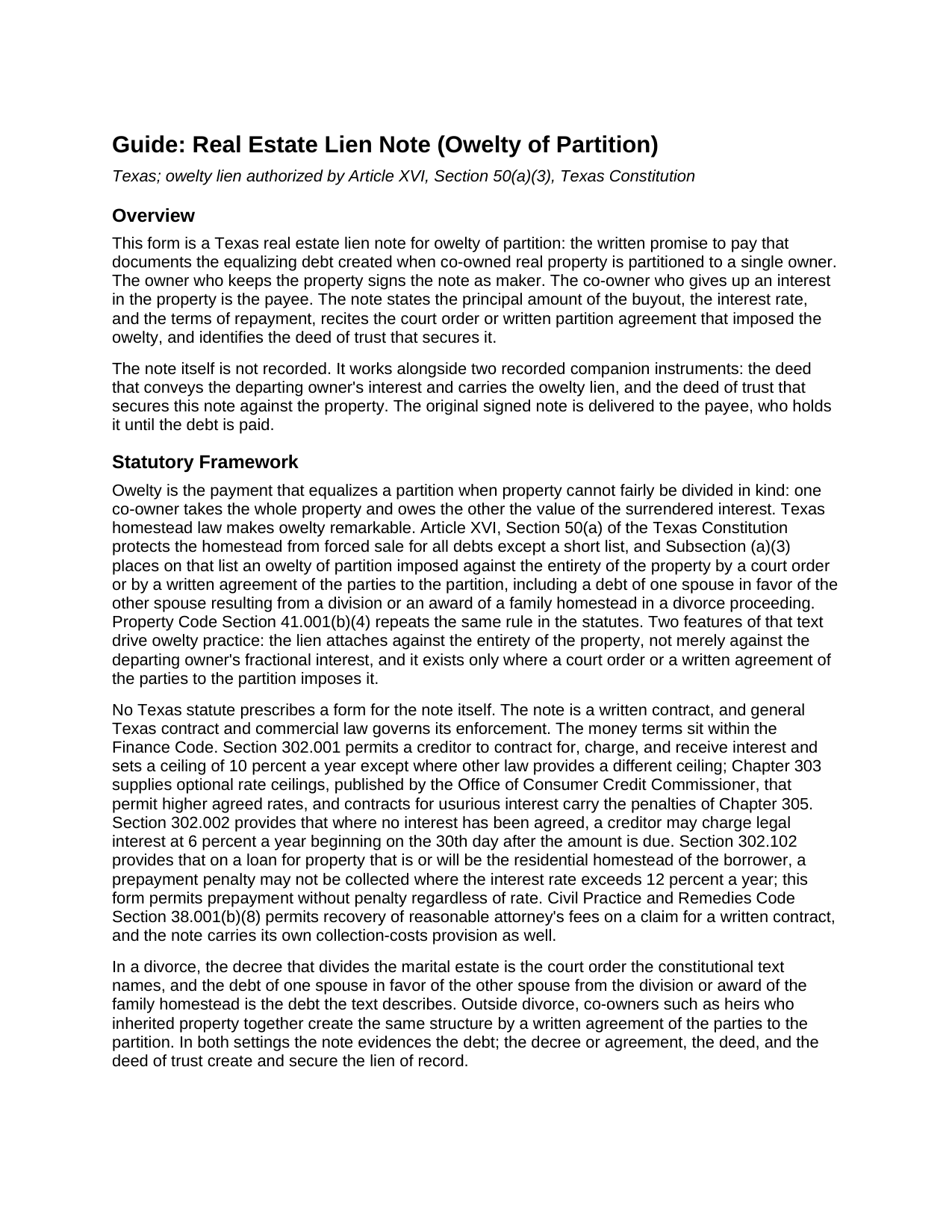 Delta County Real Estate Lien Note (Owelty of Partition) Guide