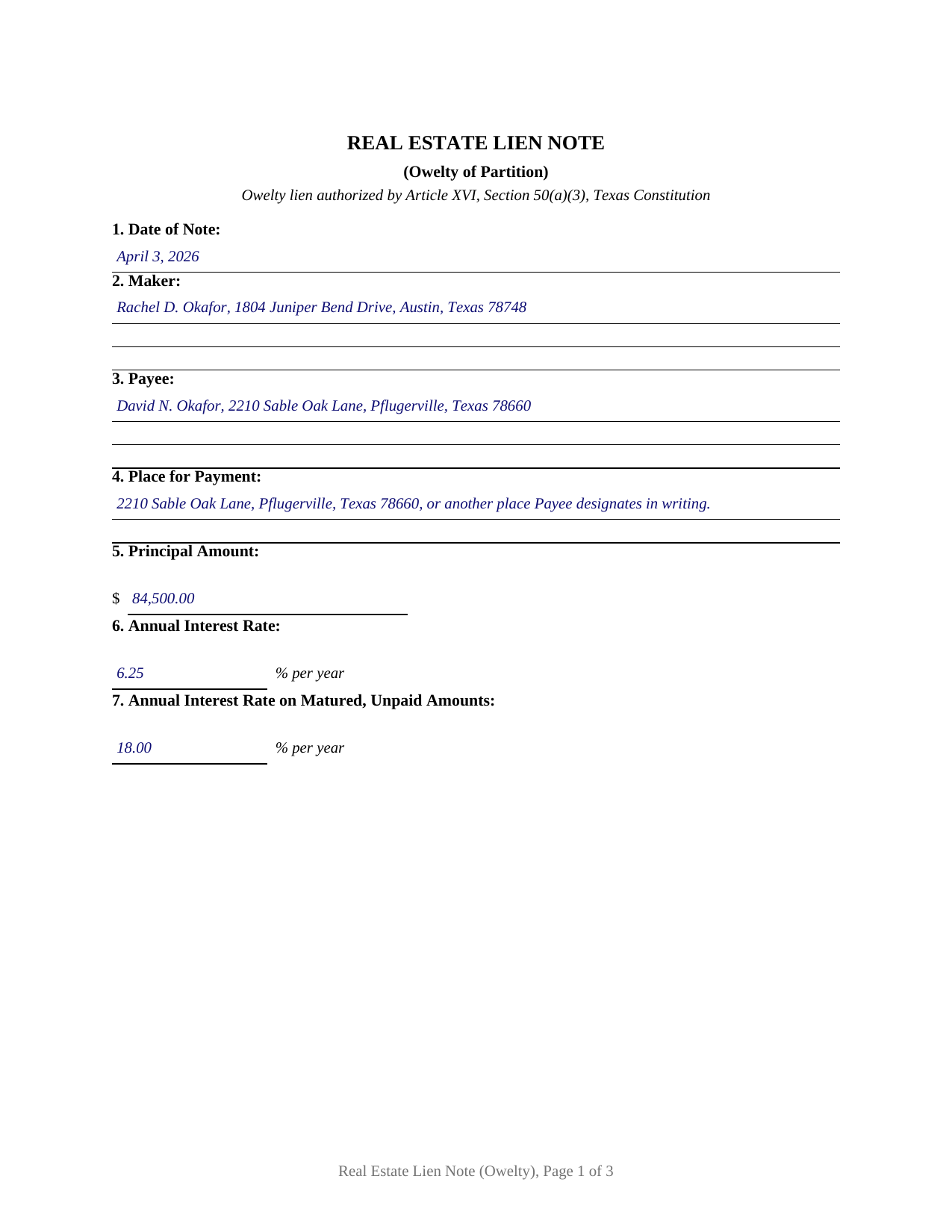 Delta County Completed Example of the Real Estate Lien Note (Owelty of Partition) Document