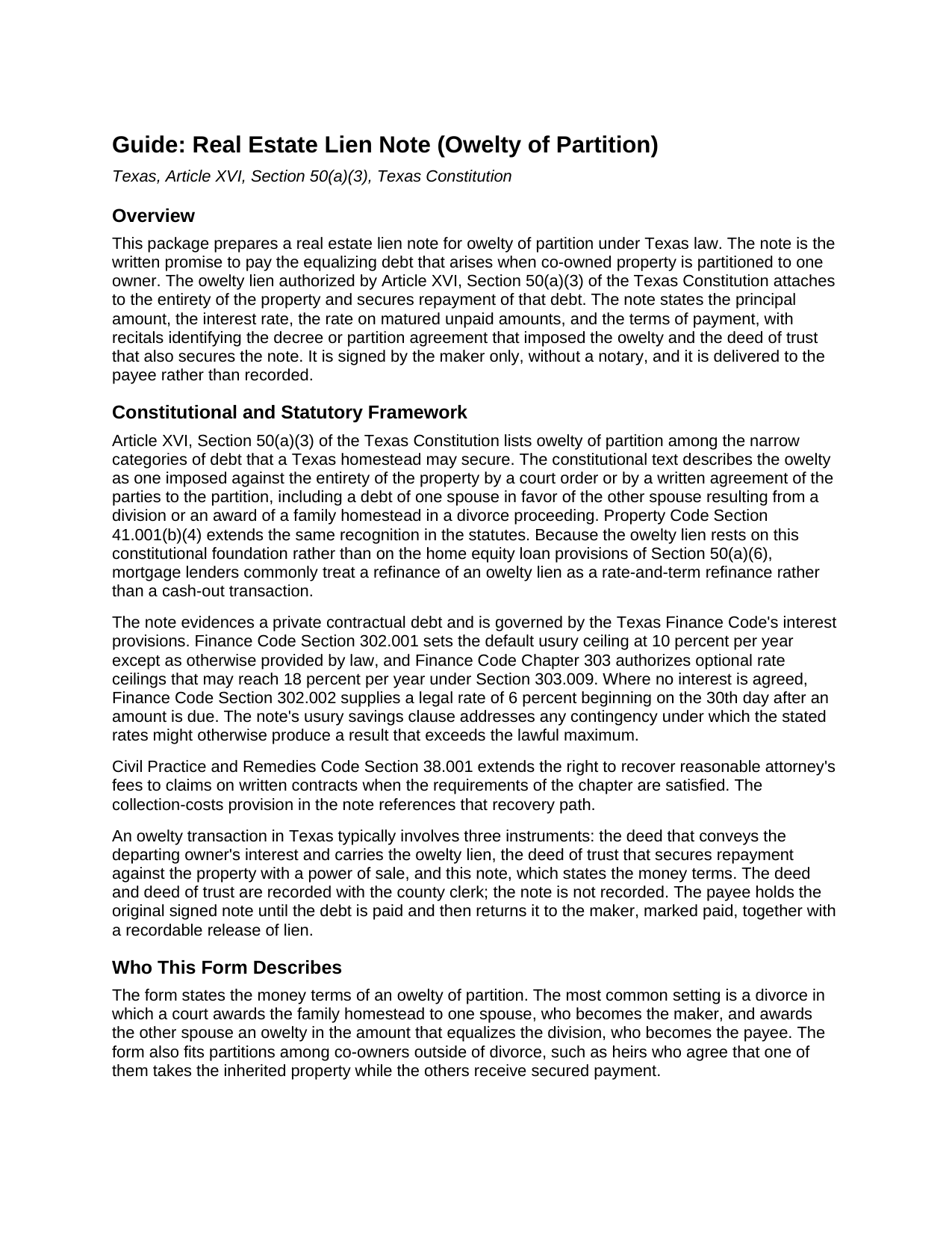 Fayette County Real Estate Lien Note (Owelty of Partition) Guide