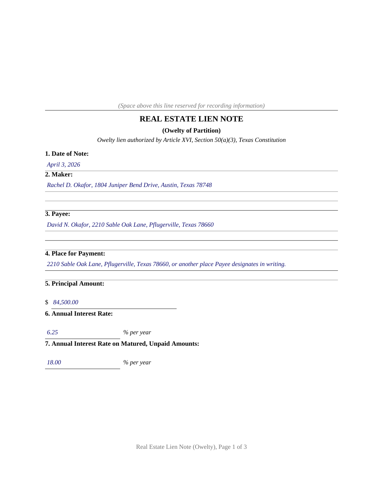 Fayette County Completed Example of the Real Estate Lien Note (Owelty of Partition) Document