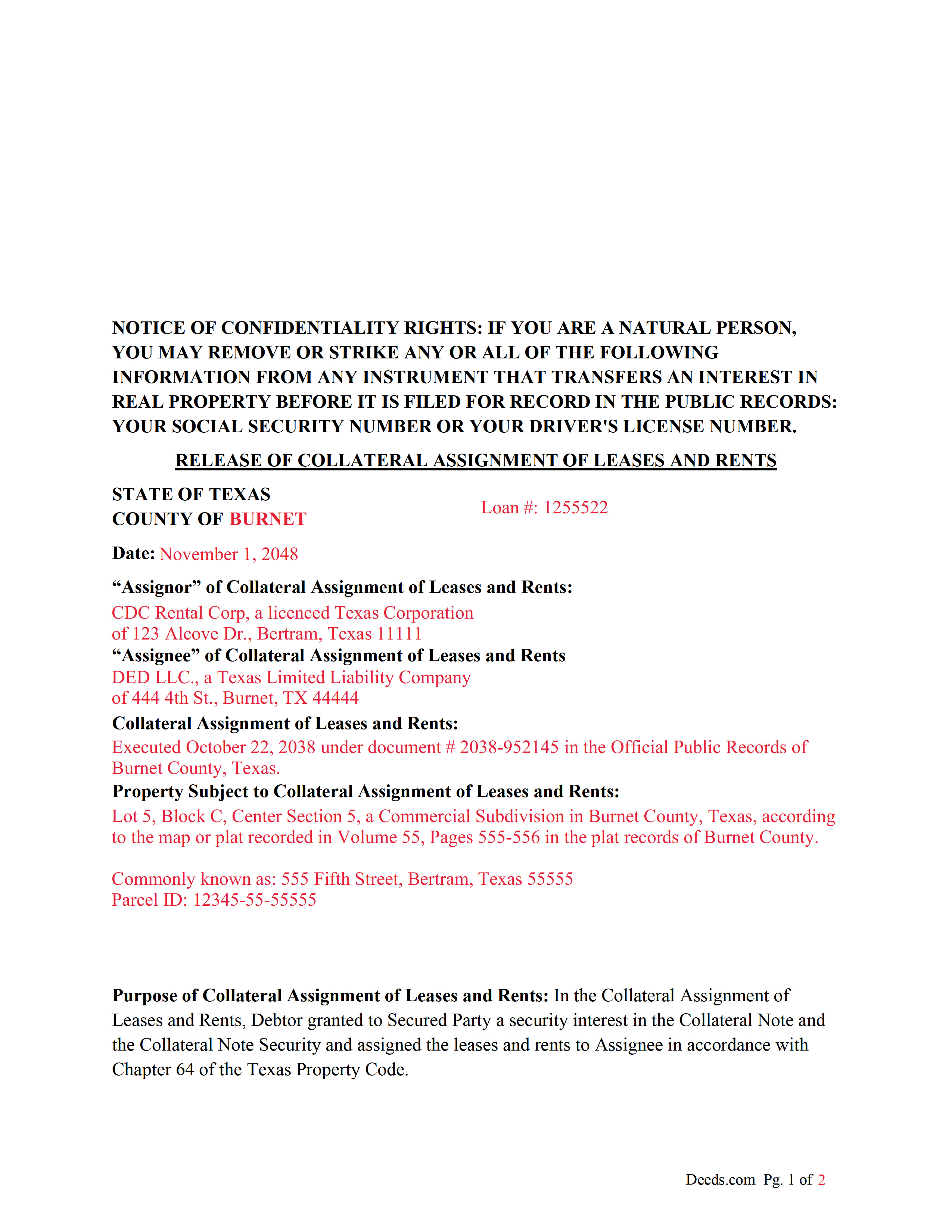 Milam County Completed Example of a Release of Collateral Assignment of Leases and Rents Document