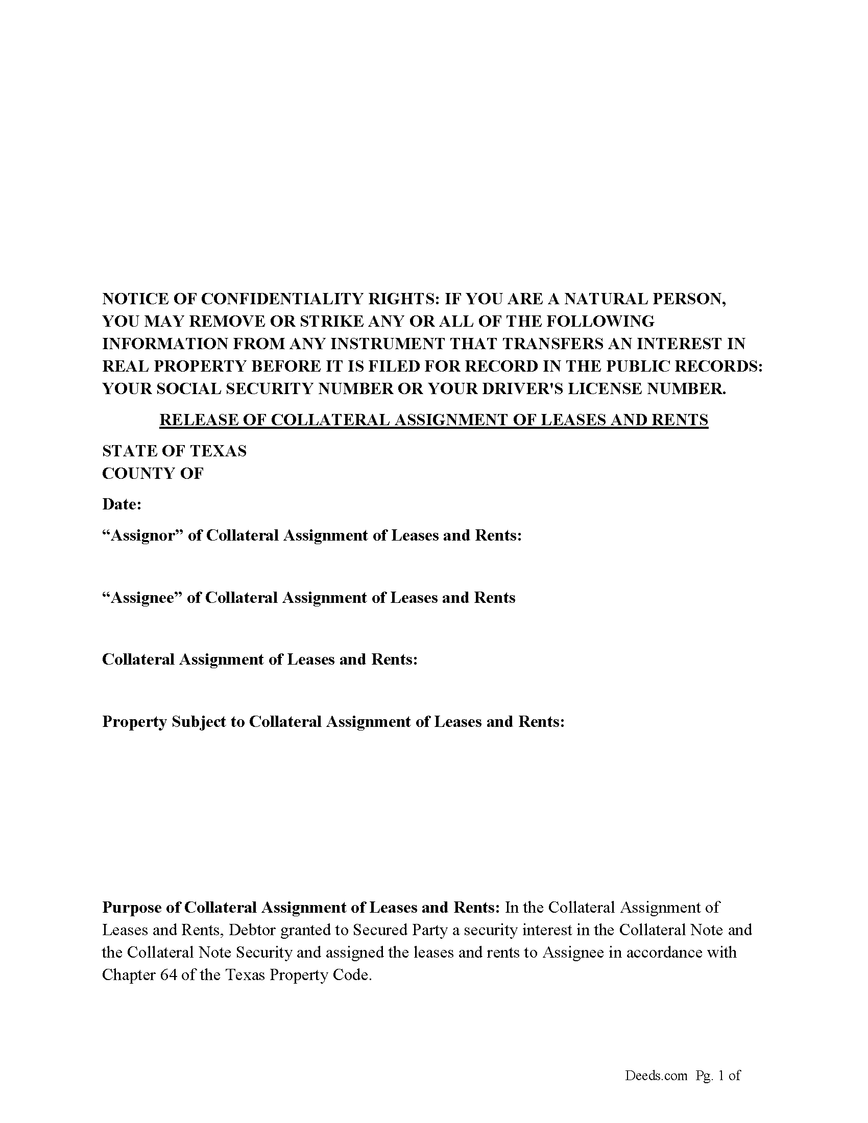 Milam County Release of Collateral Assignment of Leases and Rents Form