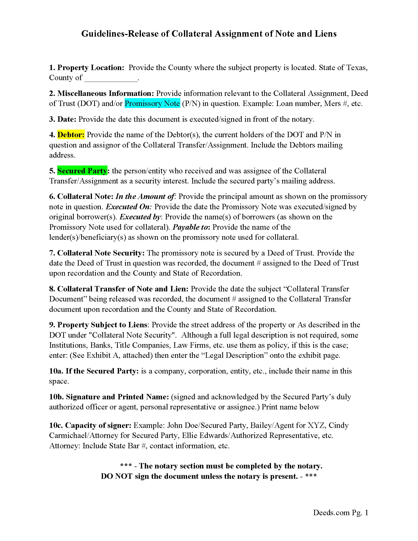Freestone County Guidelines for Release of Collateral Transfer of Note and Lien