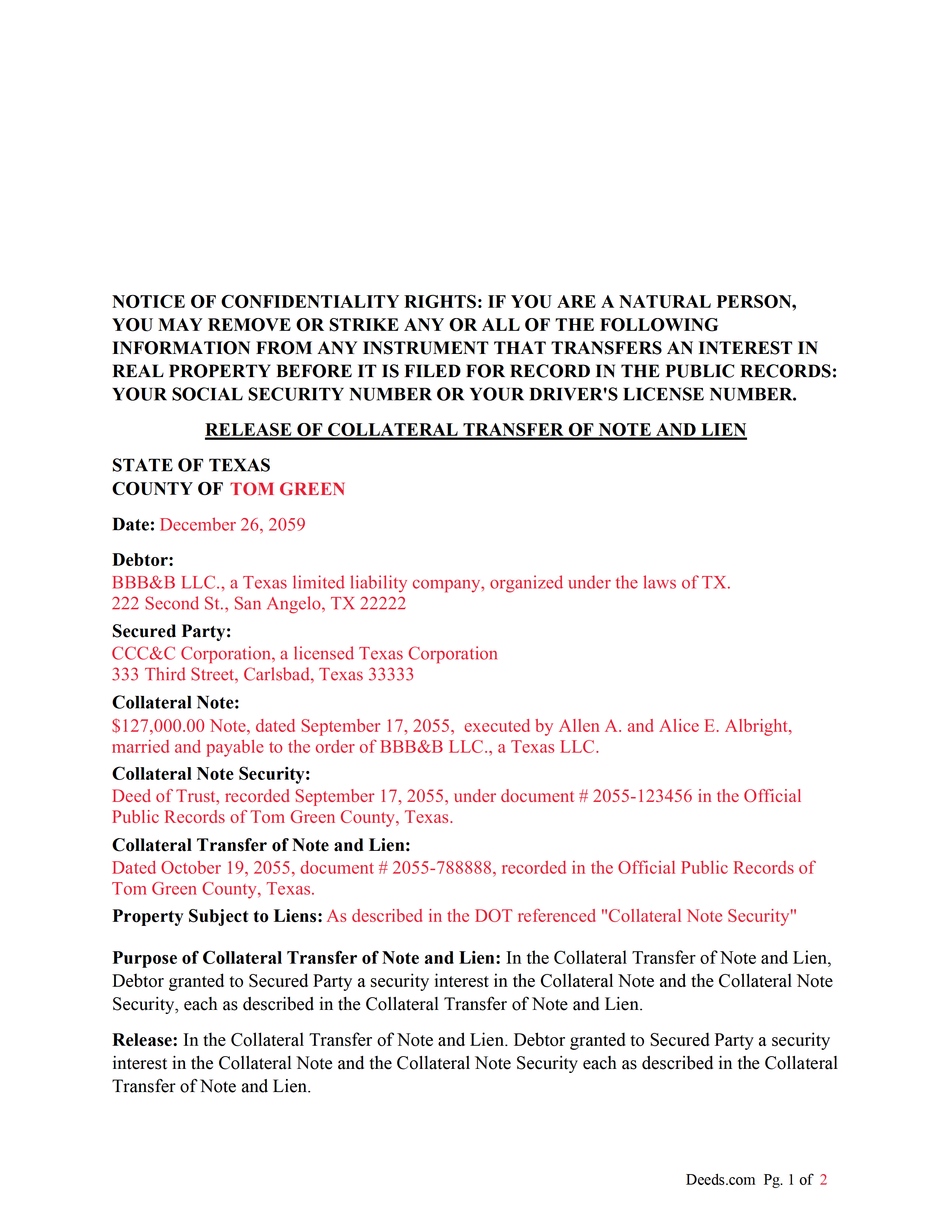 Freestone County Completed Example of the Release of Collateral Transfer of Note and Lien Document