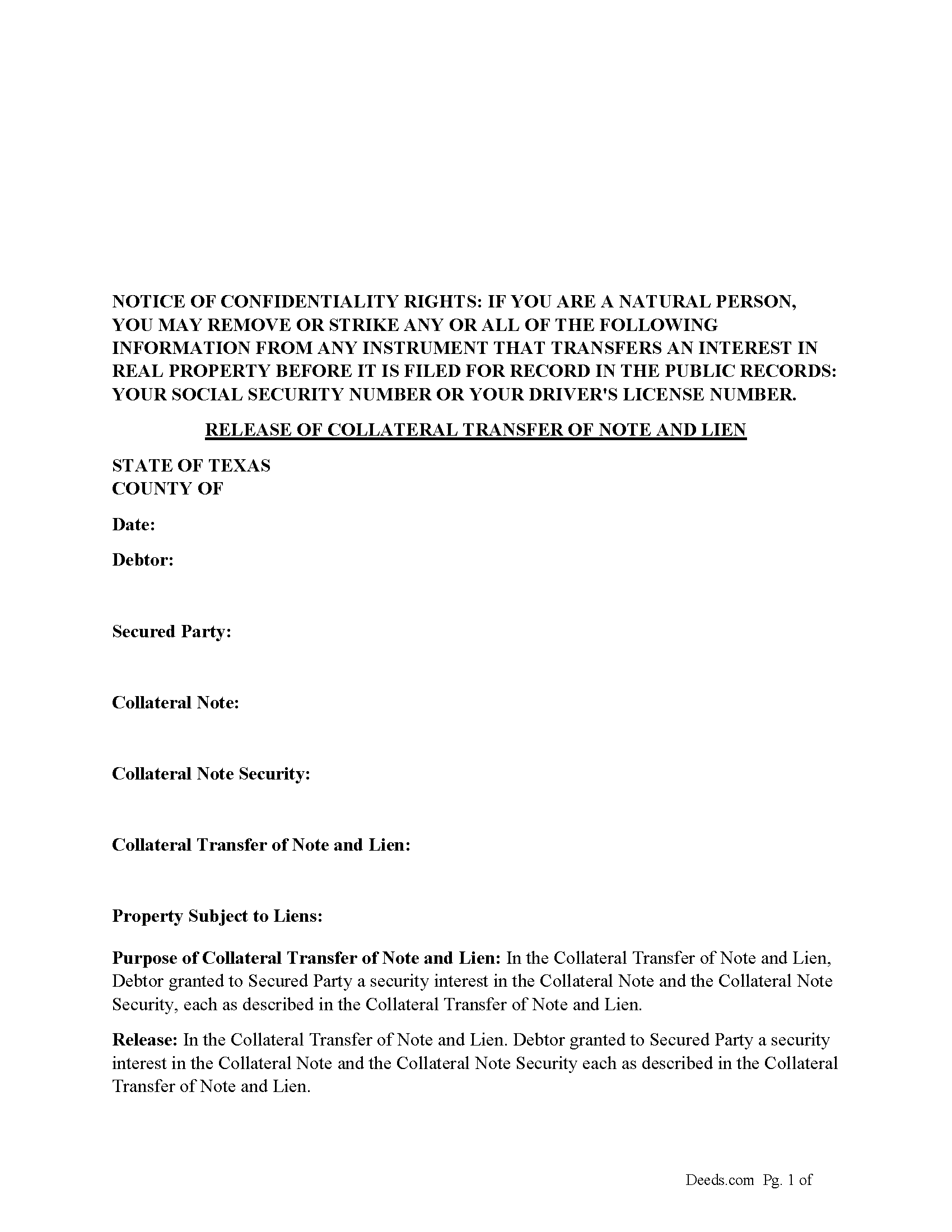 Freestone County Release of Collateral Transfer of Note and Lien Form