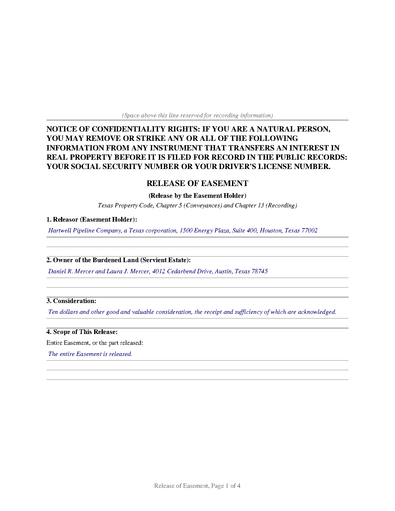Castro County Completed Example of the Release of Easement Document