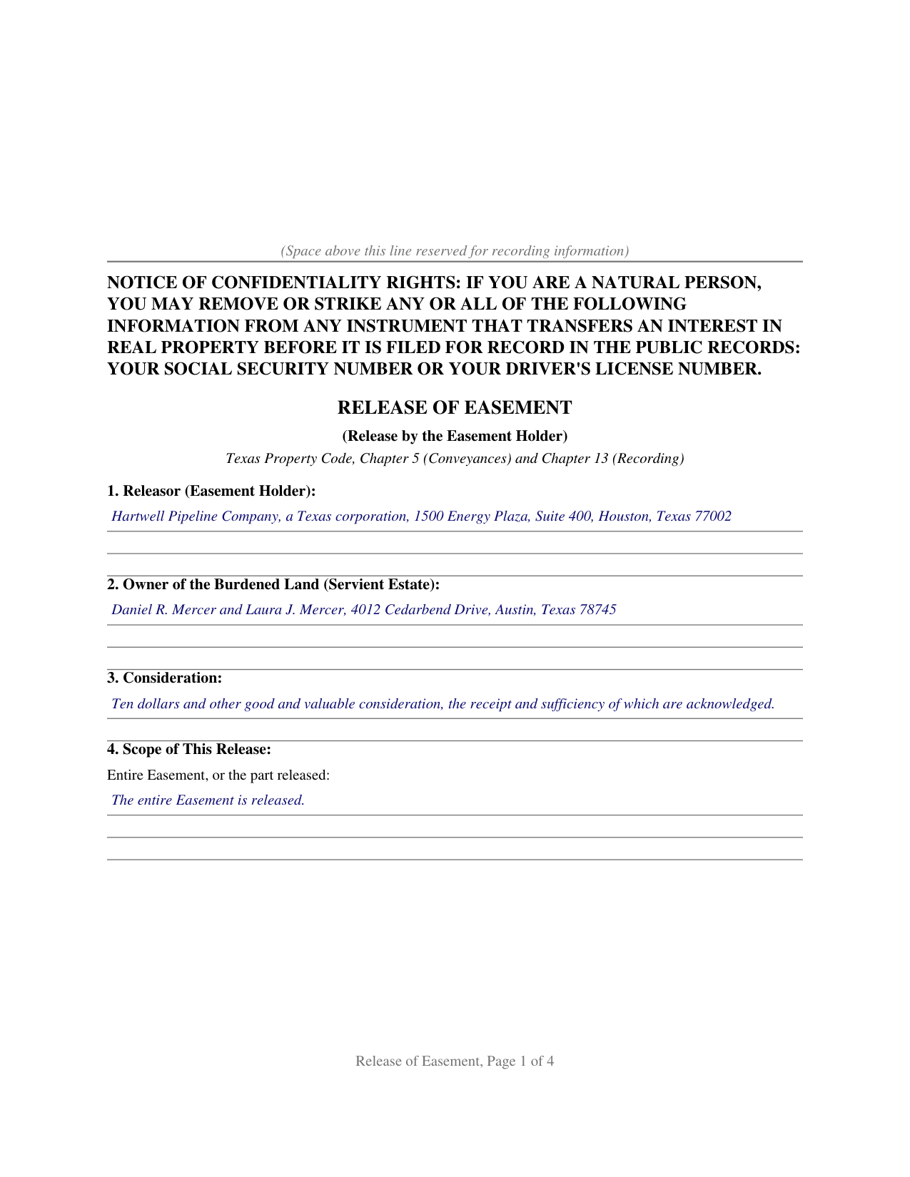 Delta County Completed Example of the Release of Easement Document