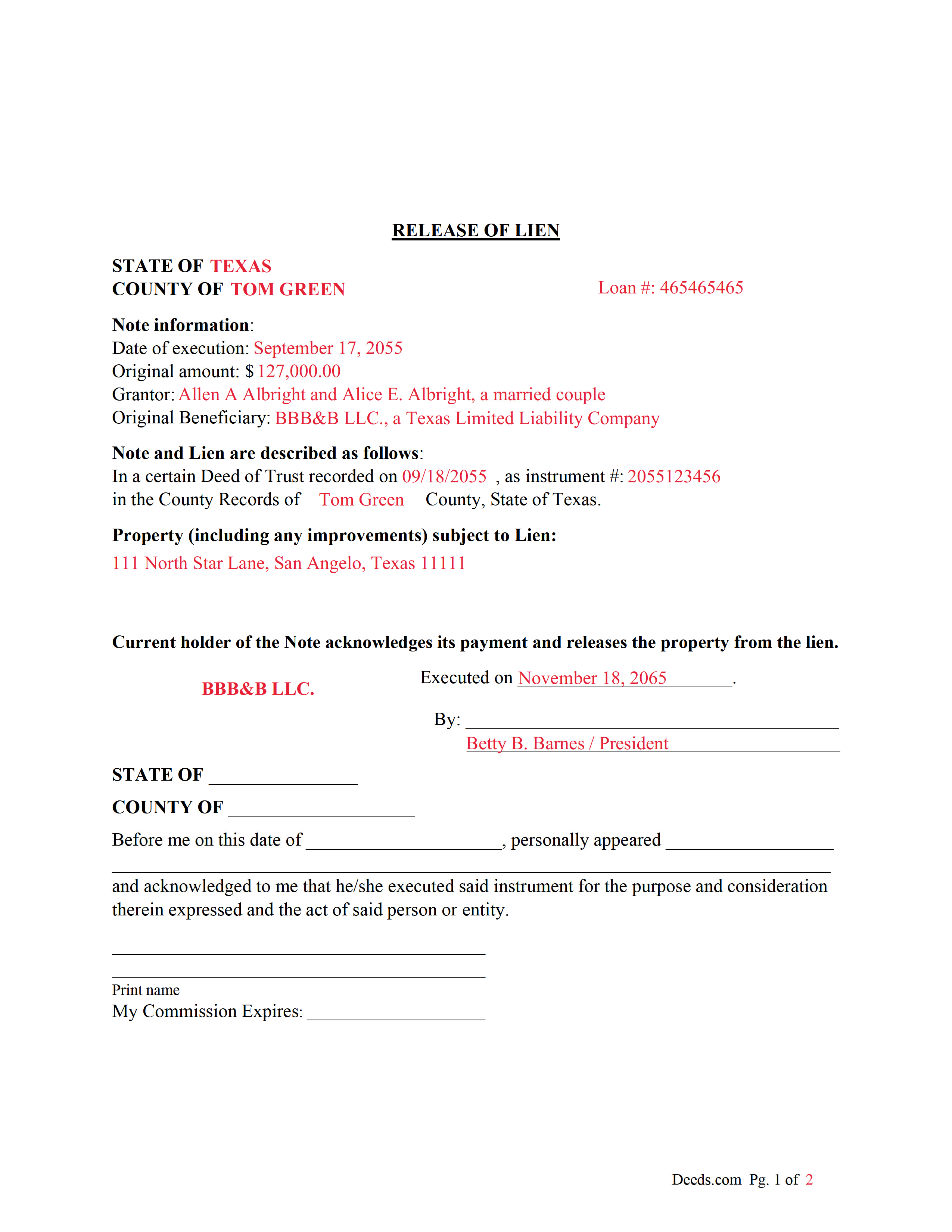 Freestone County Completed Example of the Release of Lien Document