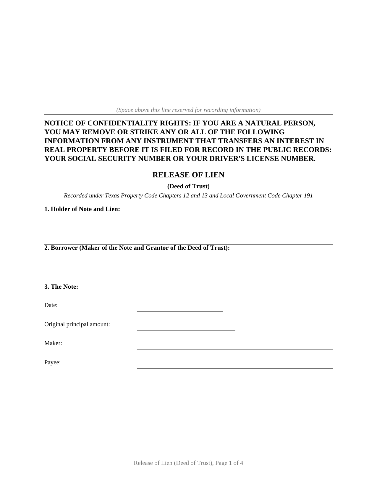Delta County Release of Lien (Deed of Trust) Form