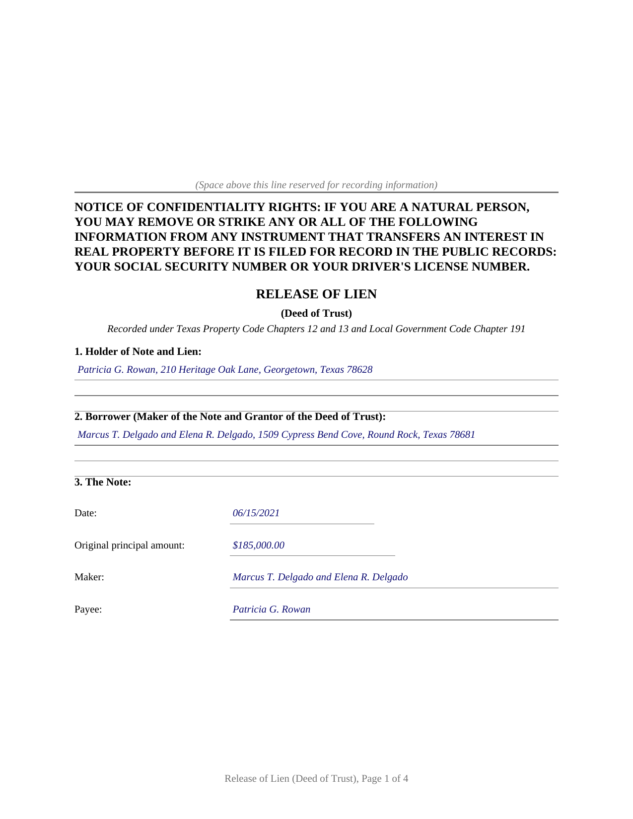 Delta County Completed Example of the Release of Lien (Deed of Trust) Document