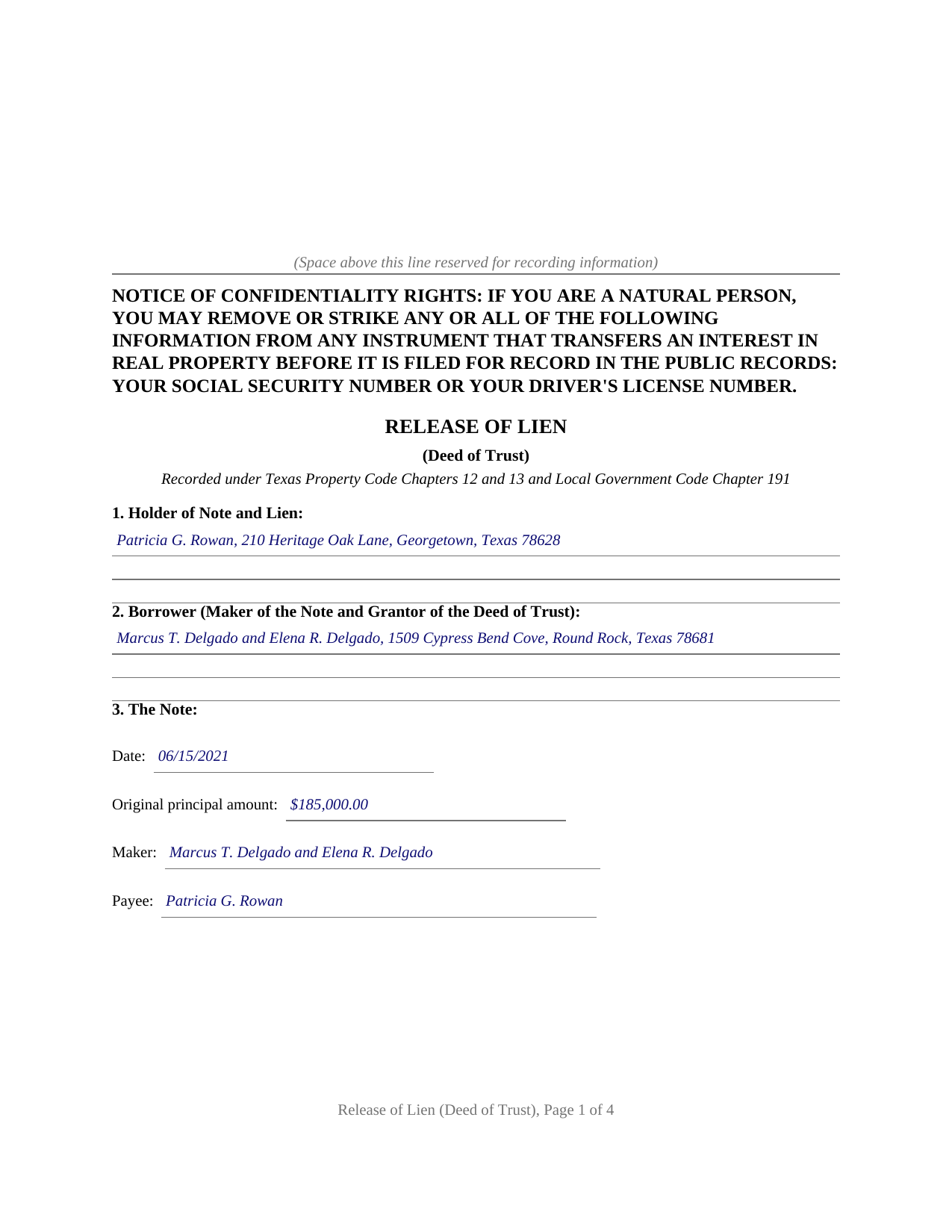 Cass County Completed Example of the Release of Lien (Deed of Trust) Document