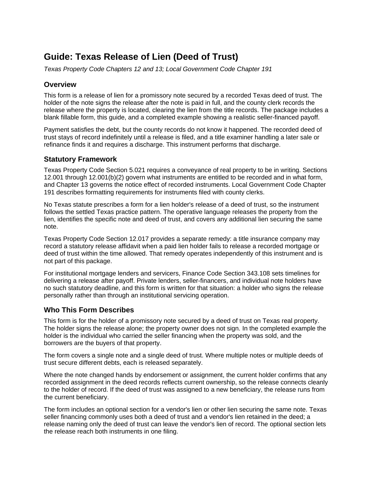 Cass County Release of Lien (Deed of Trust) Guide