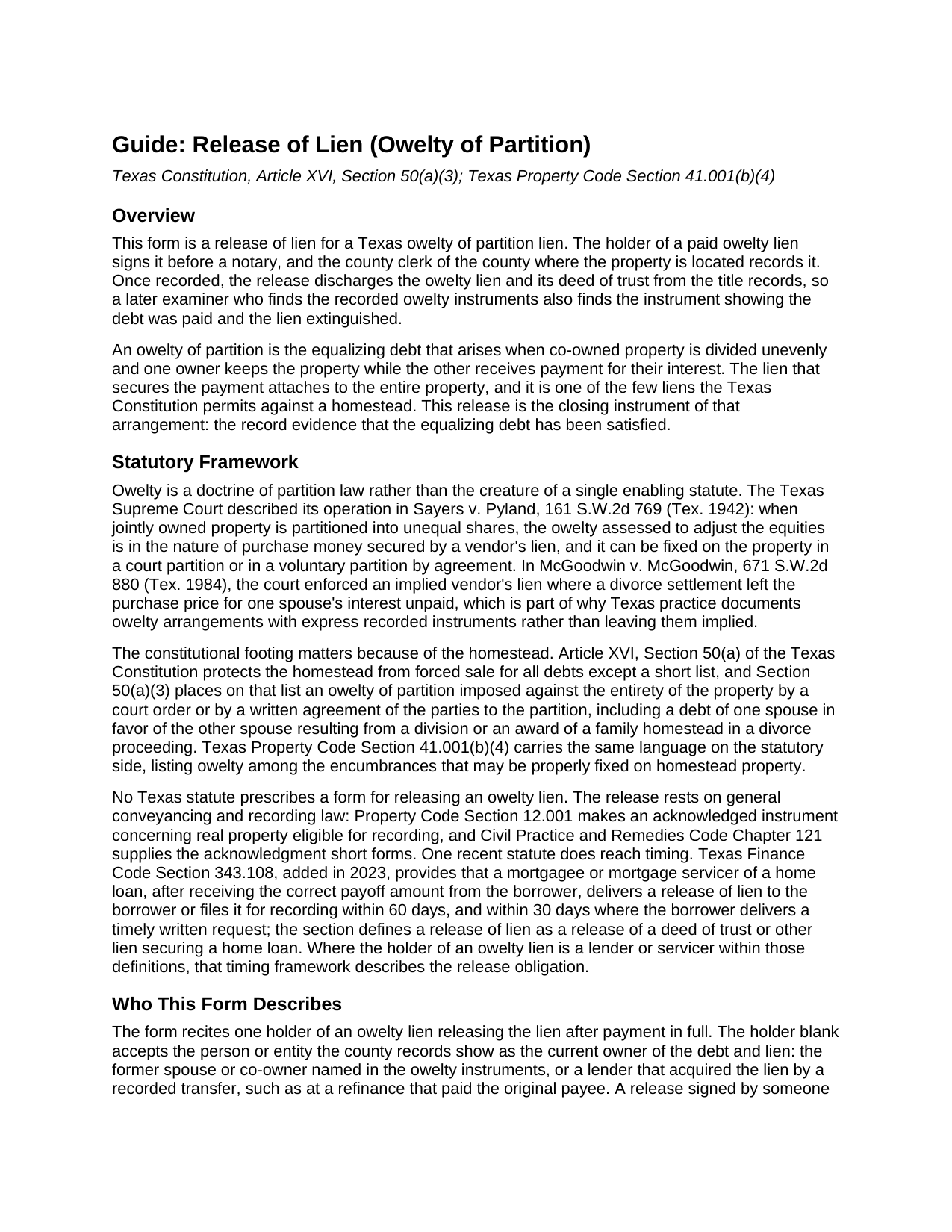 Delta County Release of Lien (Owelty of Partition) Guide