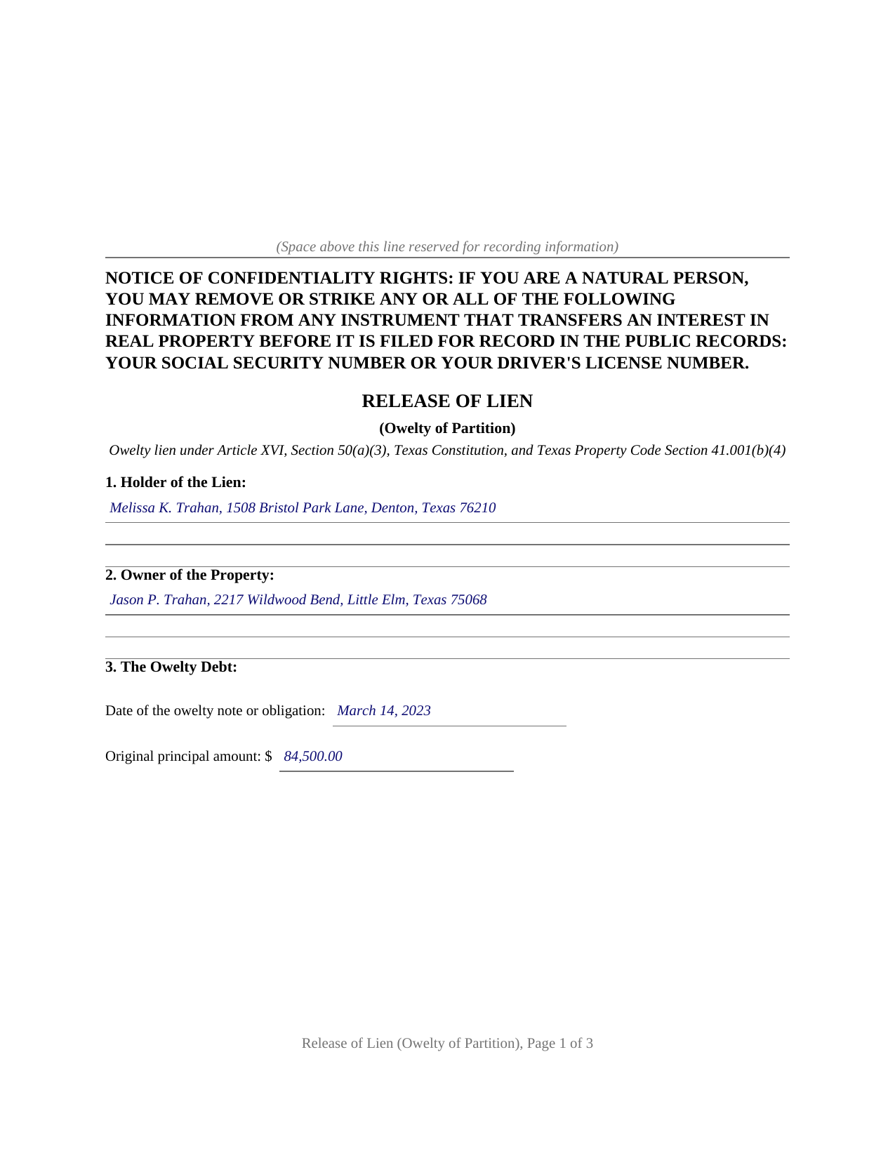 Cass County Completed Example of the Release of Lien (Owelty of Partition) Document