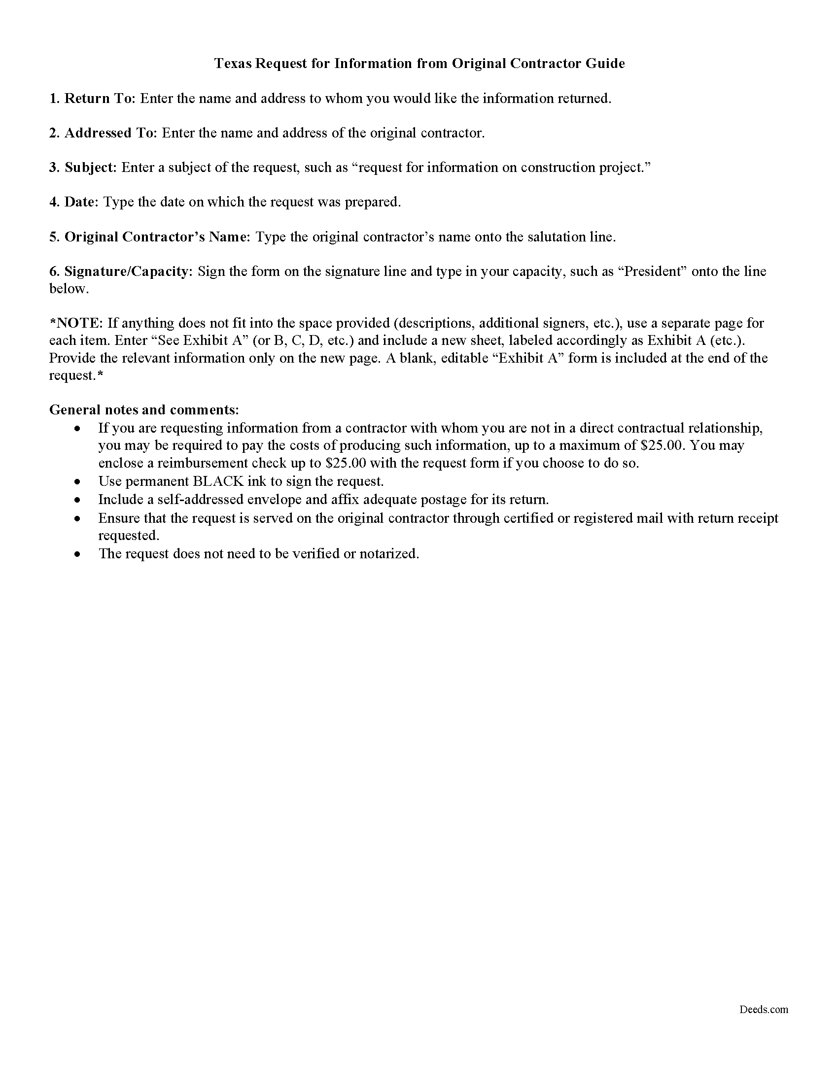 Request for Information from Original Contractor Guide