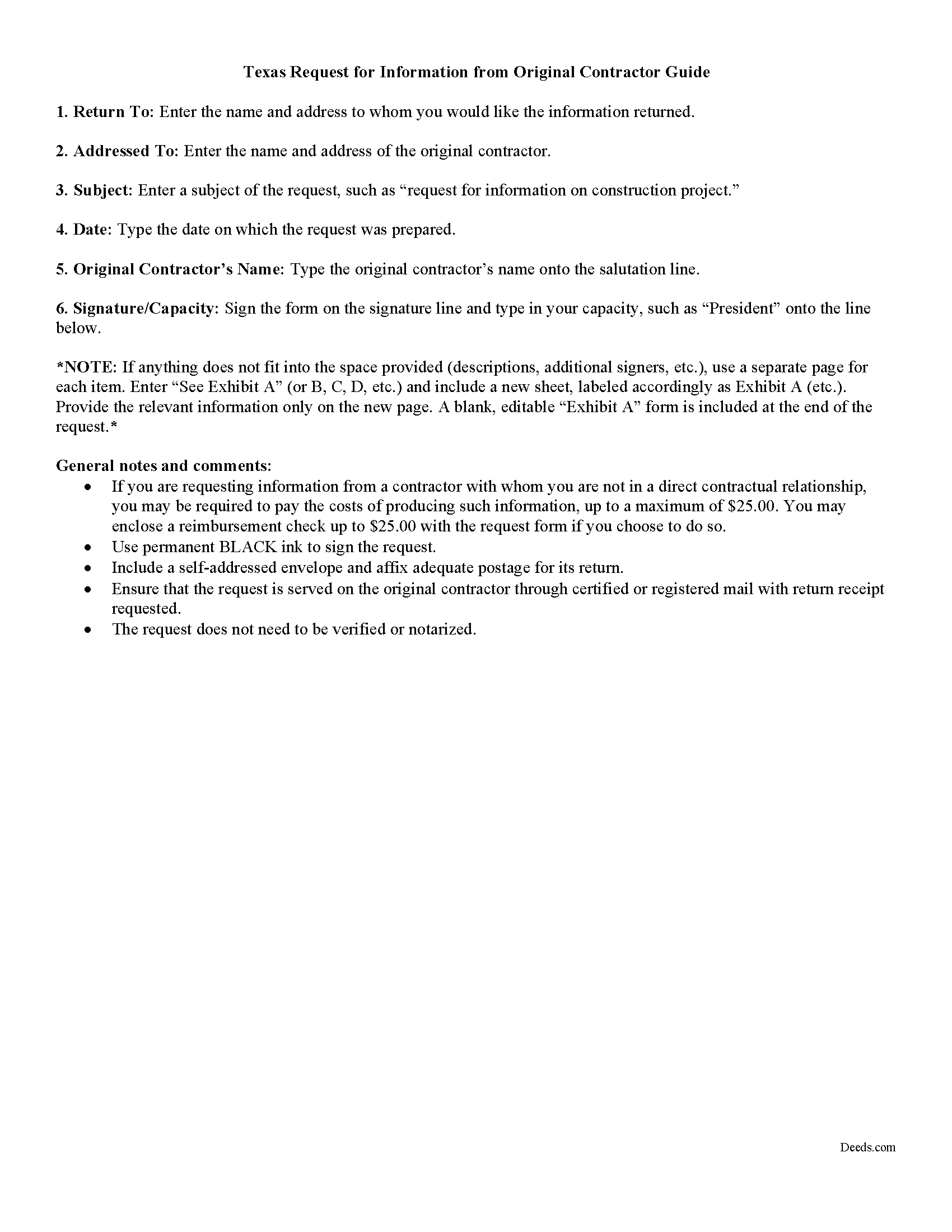 Shackelford County Request for Information from Original Contractor Guide