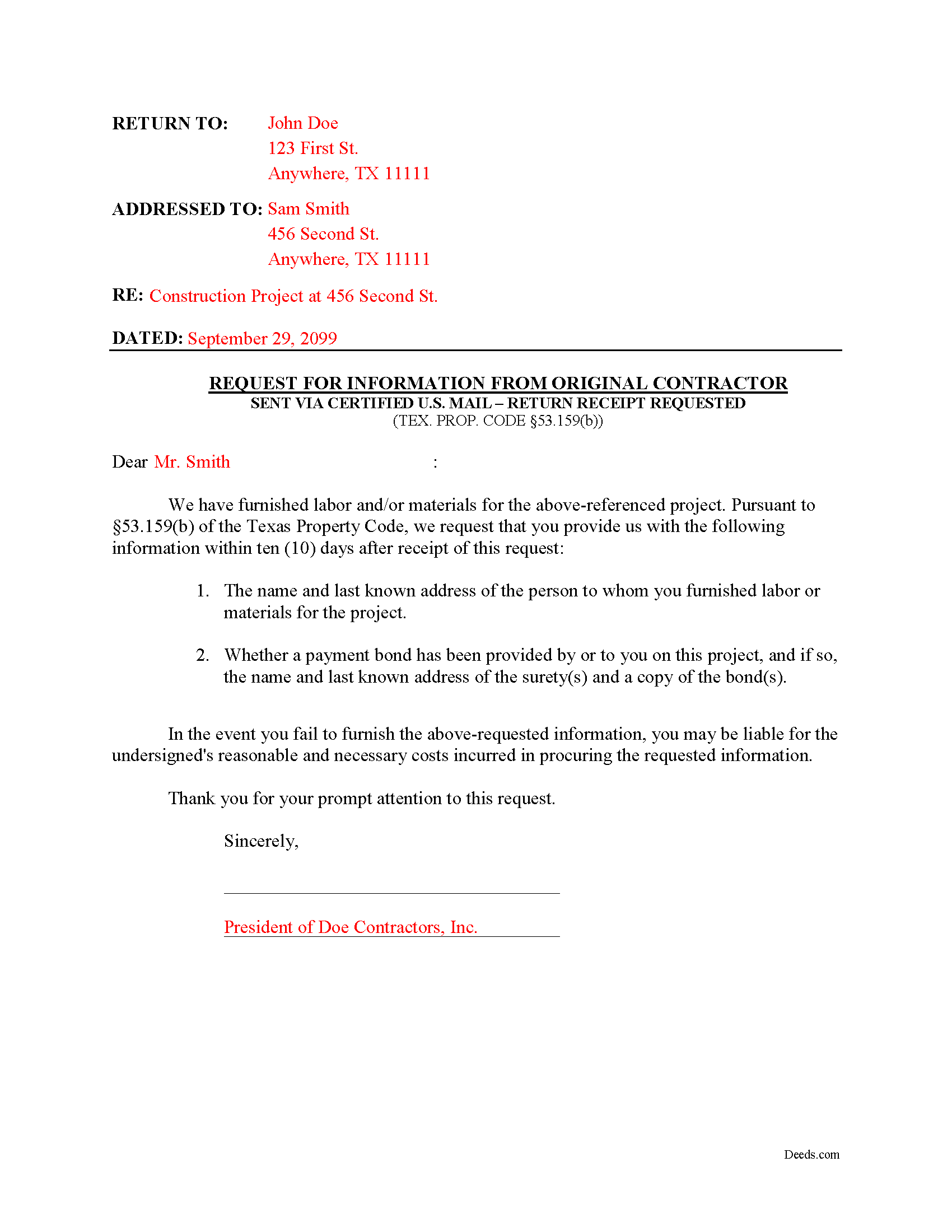 Completed Example of the Request for Infomation from Original Contractor Document