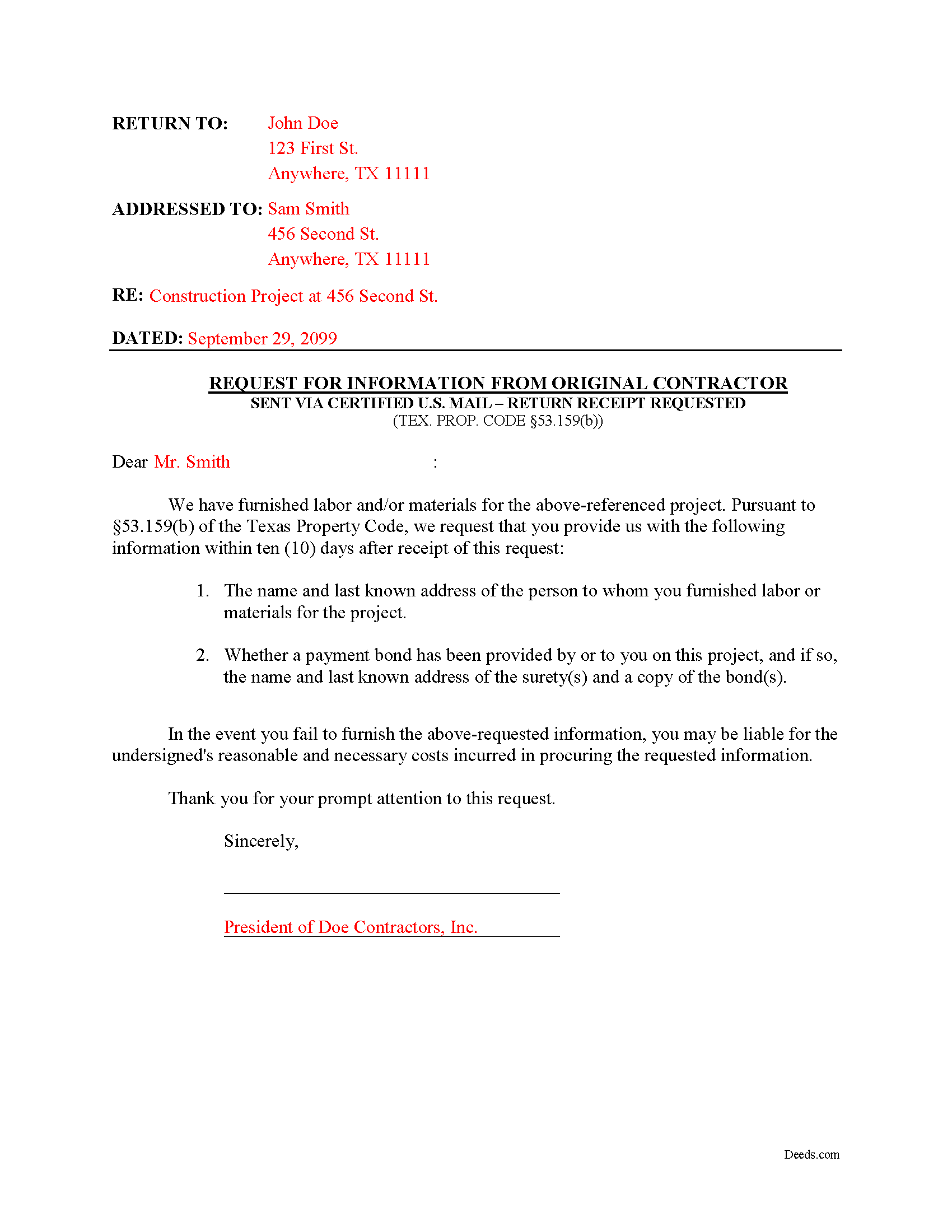 Shackelford County Completed Example of the Request for Infomation from Original Contractor Document