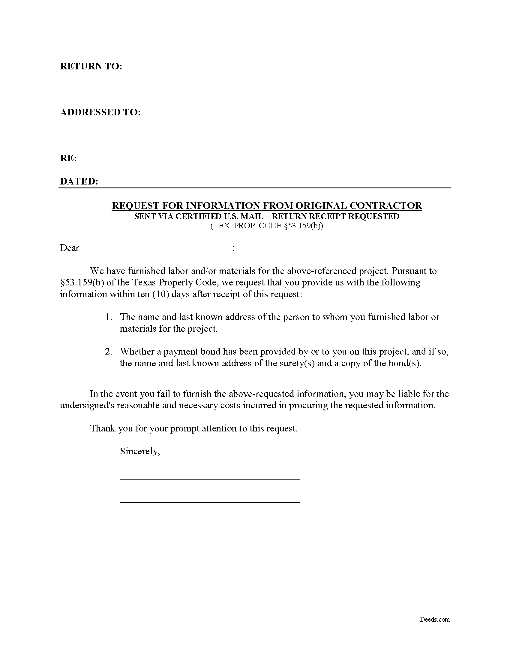 Shackelford County Request for Information from Original Contractor Form