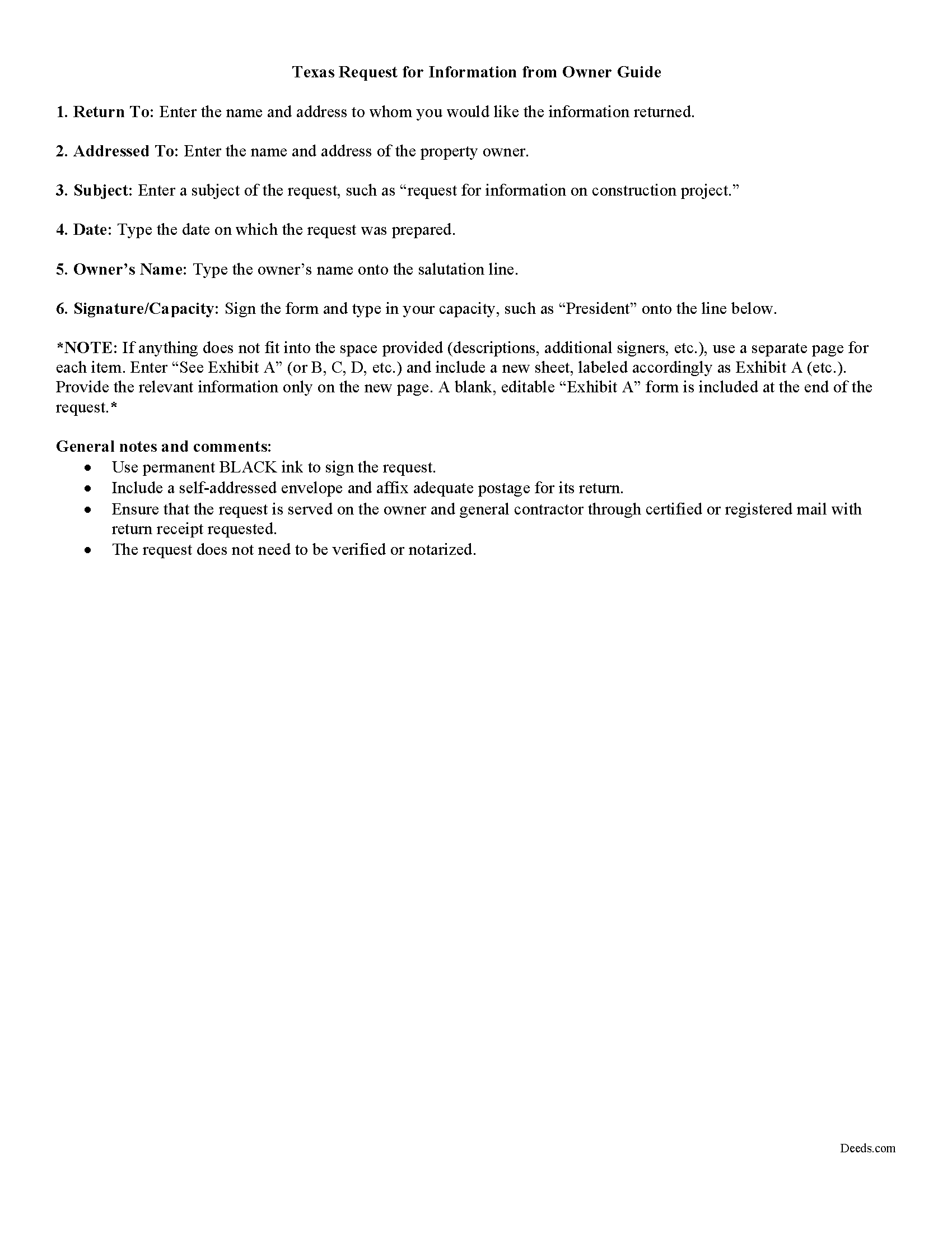 Midland County Request for Infomation from Owner Guide