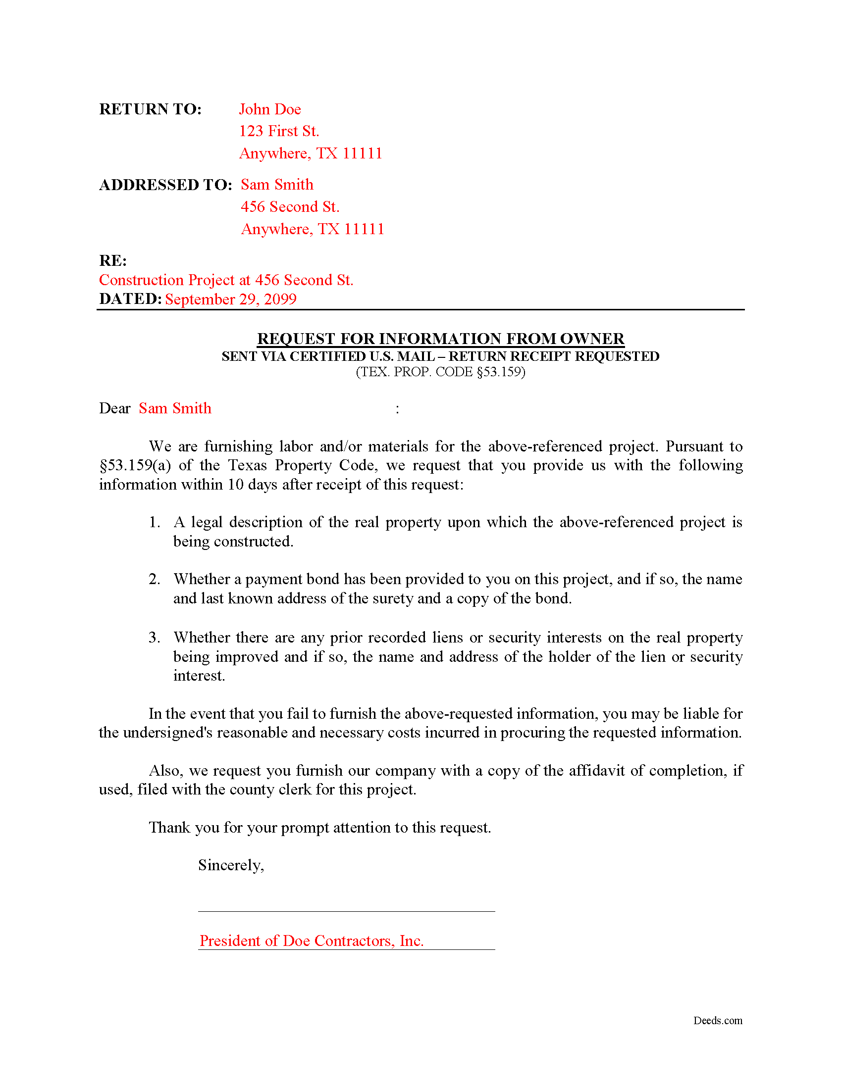 Completed Example of the Request for Information from Owner Document