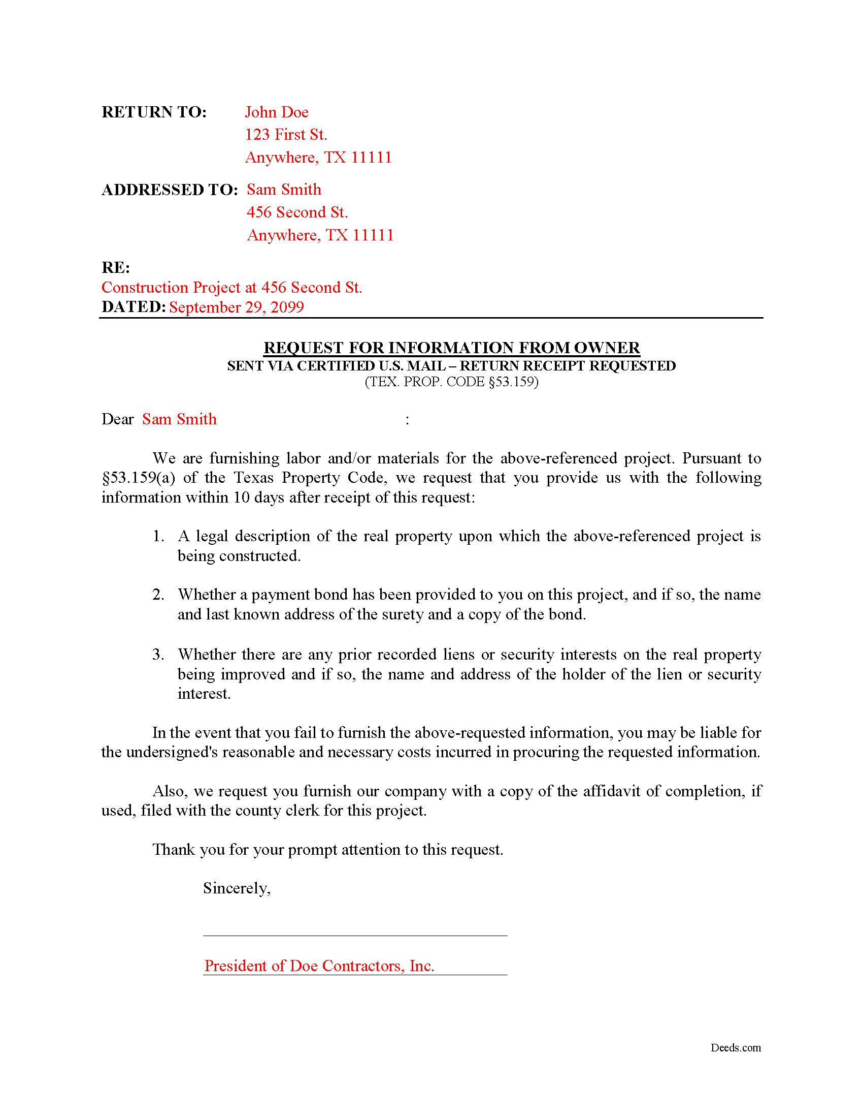 Midland County Completed Example of the Request for Information from Owner Document