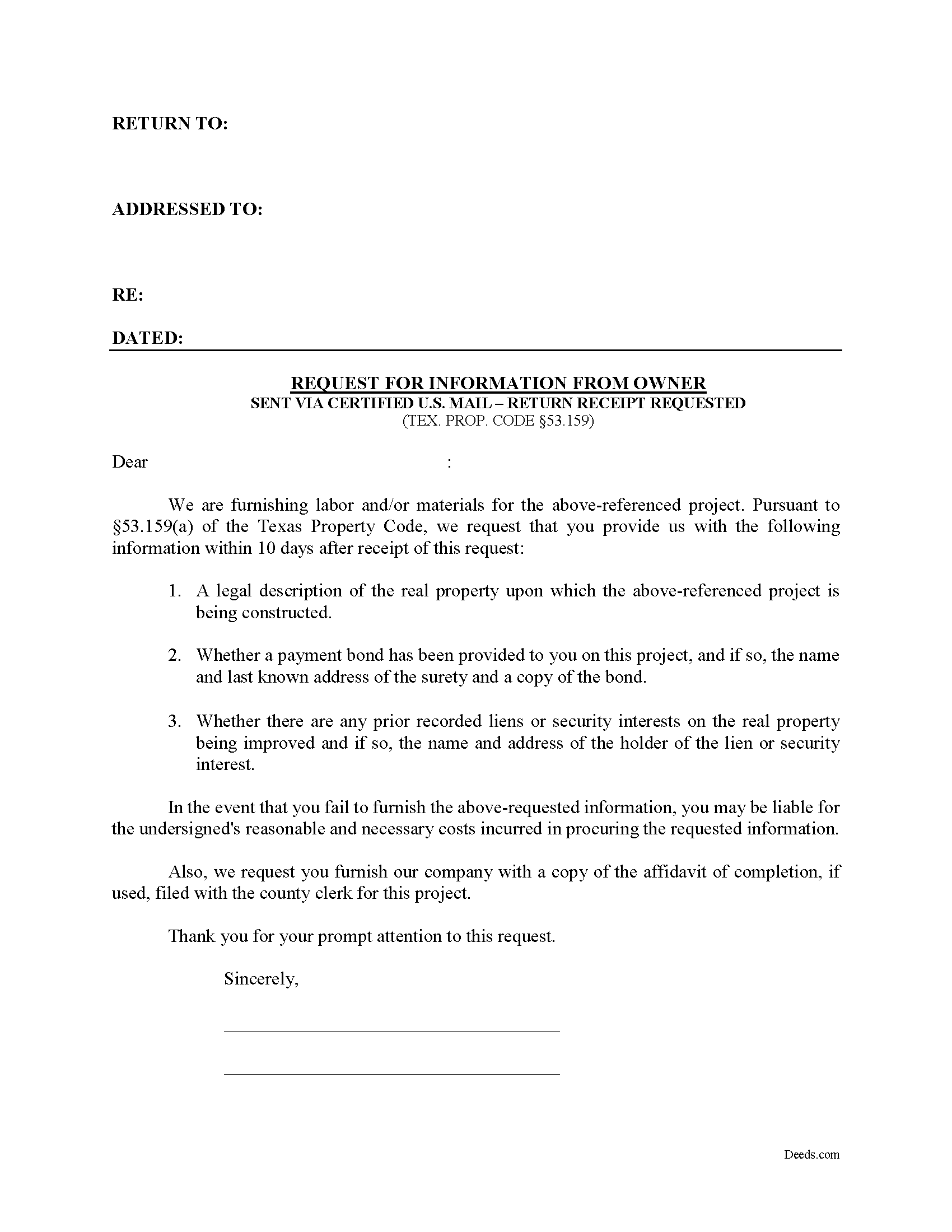 Midland County Request for Information from Owner Form