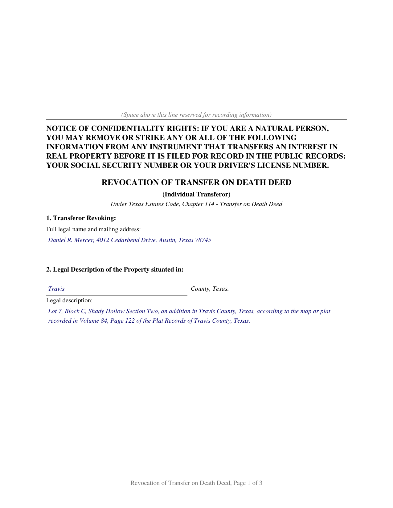El Paso County Completed Example of the Revocation of Transfer on Death Deed (Individual) Document