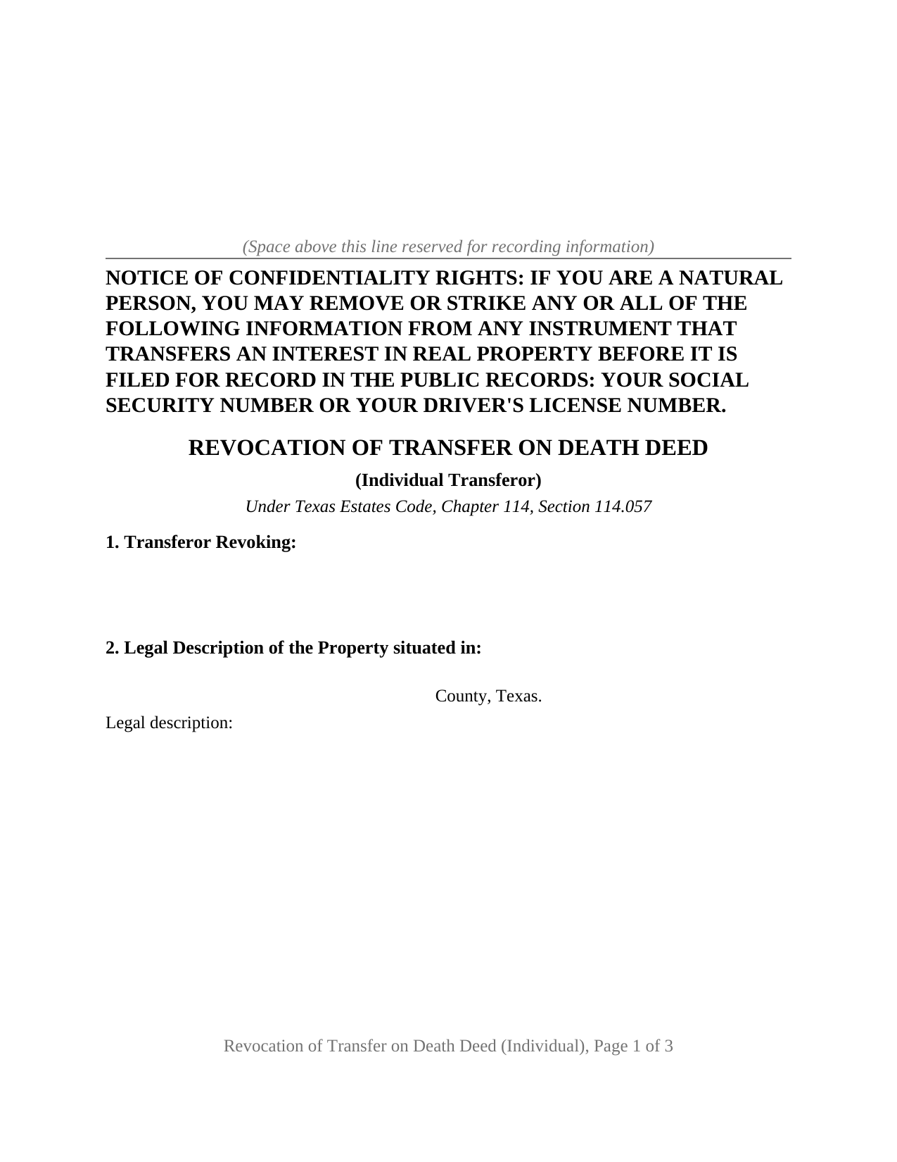 Guadalupe County Revocation of Transfer on Death Deed (Individual) Form
